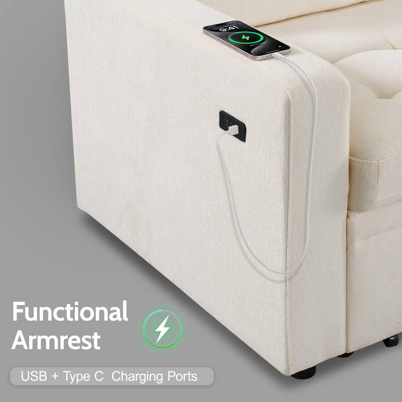 The corrected text is: "Functional Armrest USB + Type C Charging Ports."