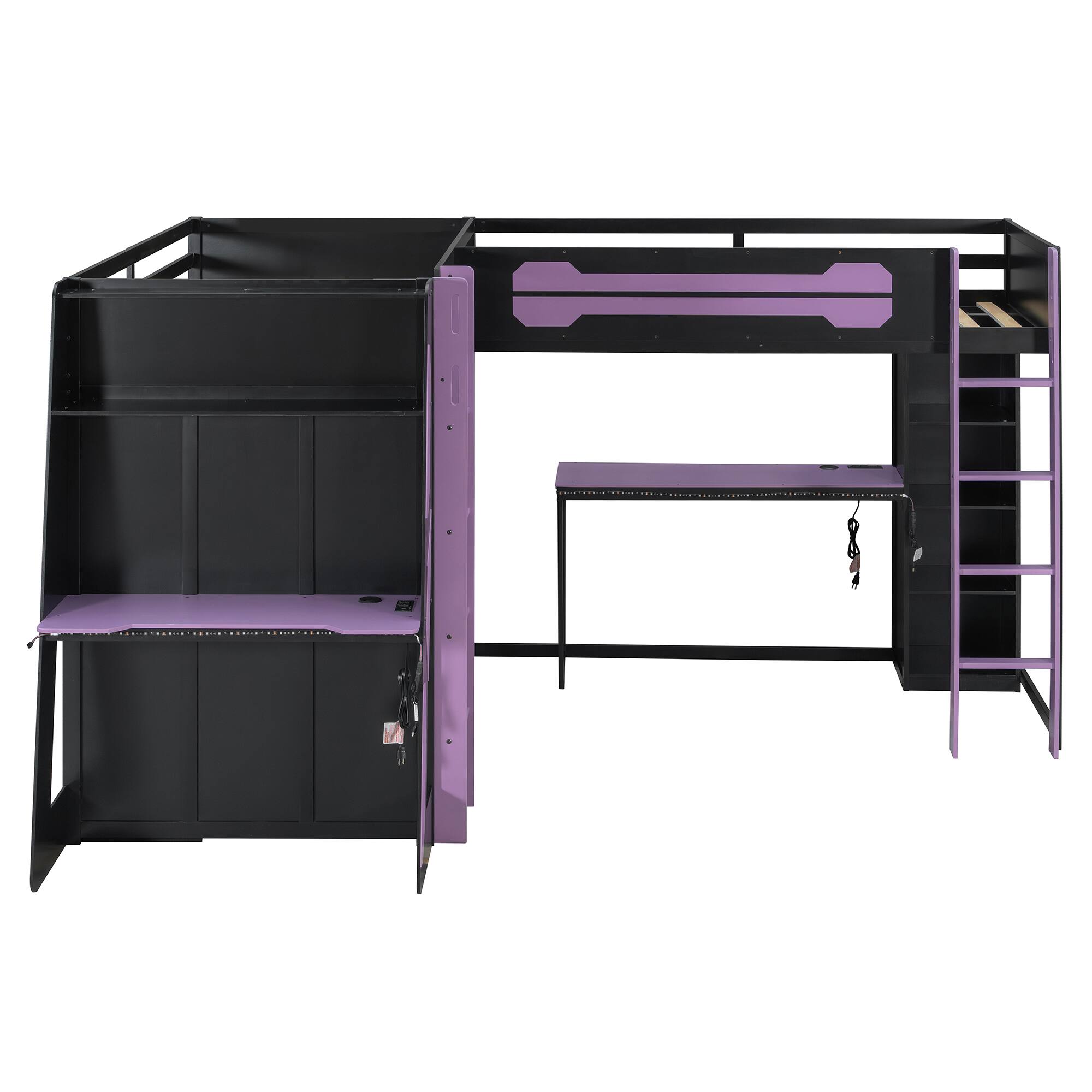 Alt View 1. Whisen - L-Shaped Twin Size Gaming Loft Bed with RGB Lights,USB Ports,TV Stand and Storage Shelves - Purple.