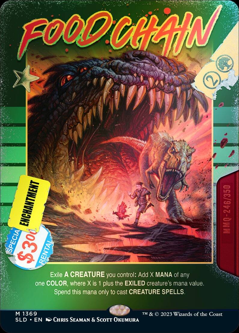 FOOD CHAIN 2  
ENCHANTMENT  
SPECIAL $300 RENTAL  
Exile A CREATURE you control: Add X MANA of any one COLOR, where X is 1 plus the EXILED creature's mana value. Spend this mana only to cast CREATURE SPELLS.  
MMQ-246/350  
M 1369  
SLD • EN  
© & TM 2023 Wizards of the Coast  
CHRIS SEAMAN & SCOTT OKUMURA