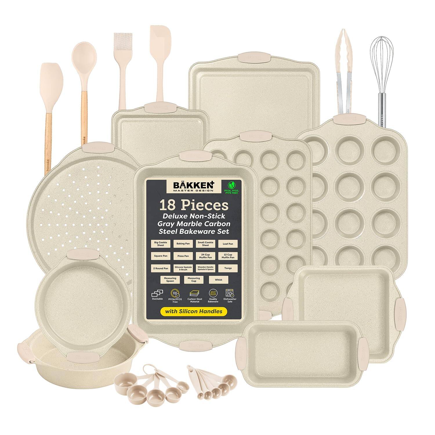 BKKEN - DESIGN - TM - 18 Pieces Deluxe Non-Stick Gray Marble Carbon Steel Bakeware Set - with Silicon Handles