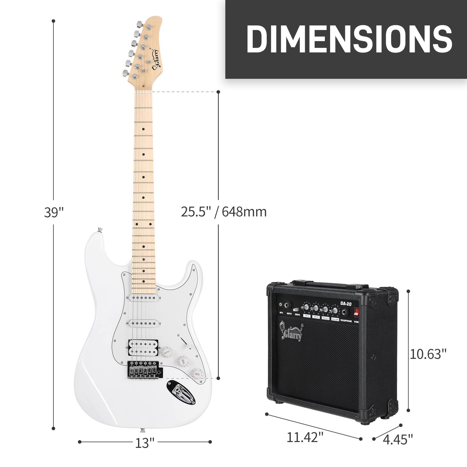 Sure, here is the corrected and grouped text from the image:

**Guitar Dimensions:**
- Length: 39"
- Body Width: 13"
- Body Depth: 25.5" / 648mm

**Amplifier Dimensions:**
- Height: 10.63"
- Width: 11.42"
- Depth: 4.45"
