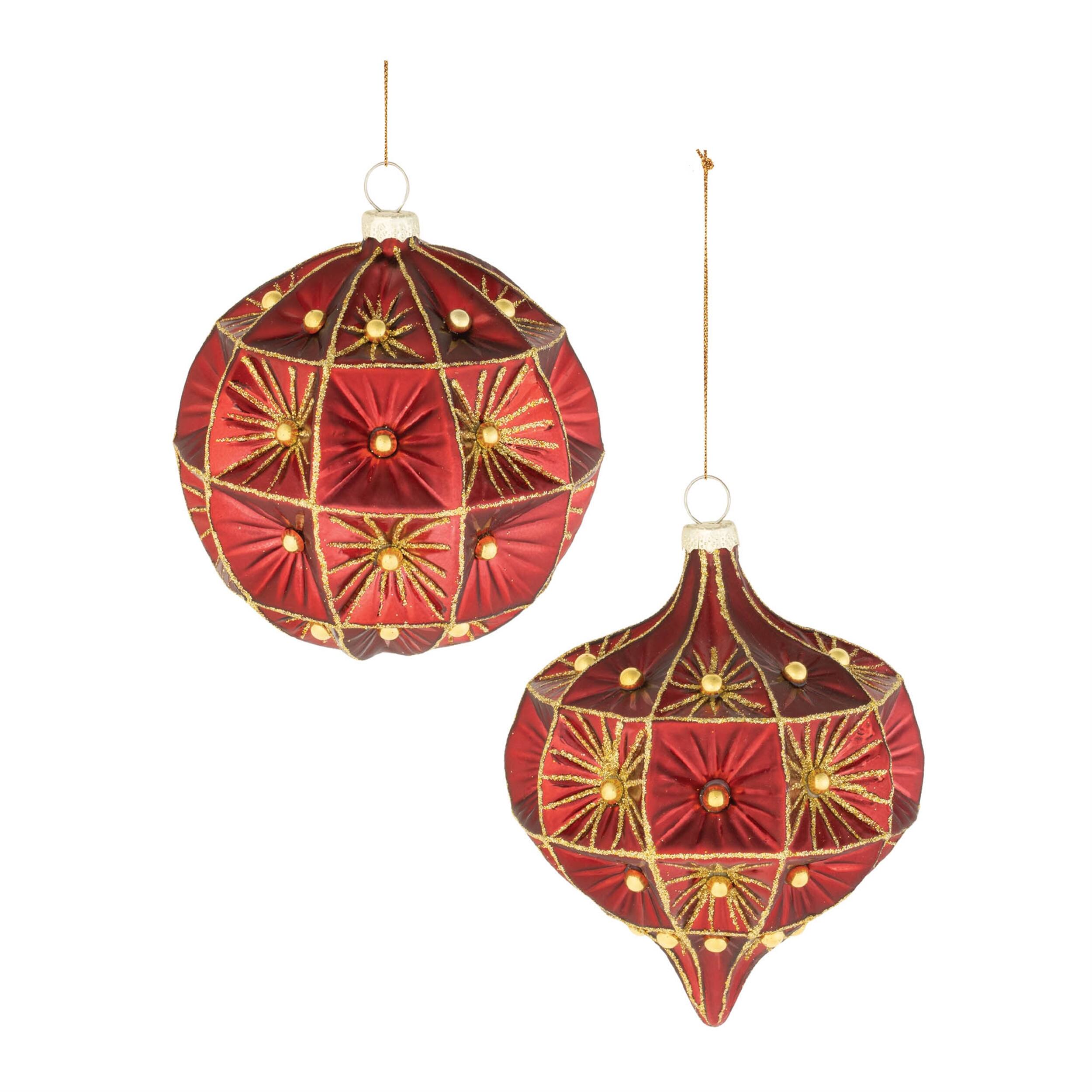 BreeBe - Beaded Glass Ornament (Set of 6) - Red, Gold