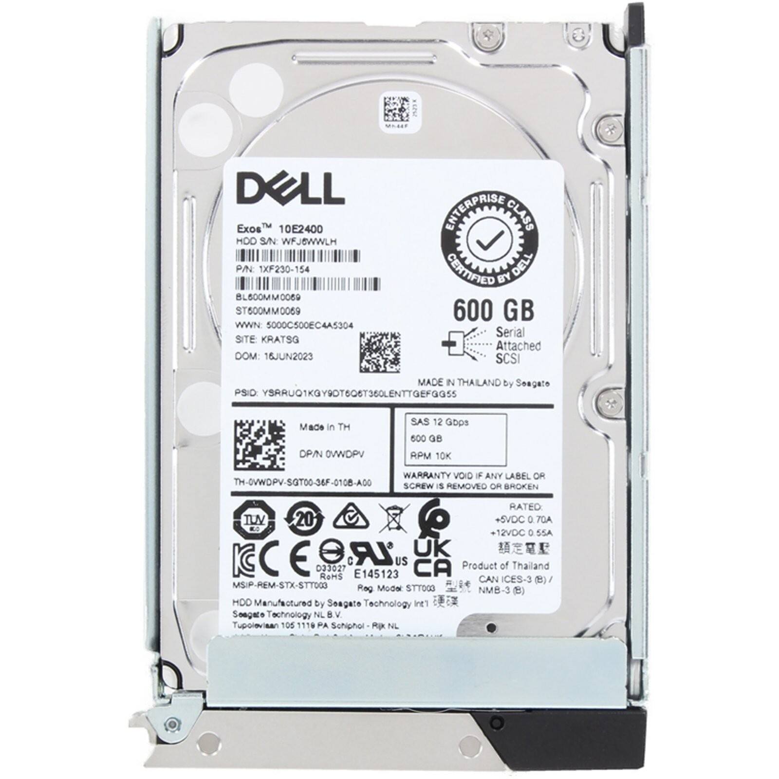 2E DELL Exo™ 10E2400 MDD  
S/N: WFJEWWLH  
P/N: 1XF230-154  
BL500MM0089  
ST600MM0069  
WWN: 000C500EC4A5304  
SITE: KRATSG  
DOM: 16JUN2023  
ENTERPRISE CLASS CERTIFIED BY DELL  
600 GB  
Serial Attached SCSI  
MADE IN THAILAND by Seagate  
PSIO: YSRUO1KGYBOTBOBT36OLENTTGEFGGSS  
Made in TH  
OP/N: DVWDPV  
SAS 12 Gbps  
600 GB  
RPM 10K  
WARRANTY VOID IF ANY LABEL OR SCREW IS REMOVED OR BROKEN  
TH-OVWDPV-SGT00-36F-0108-A00  
RATED:  
+12VDC +5VDC  
0.70A  
SSA  
LR  
UK  
C  
0330