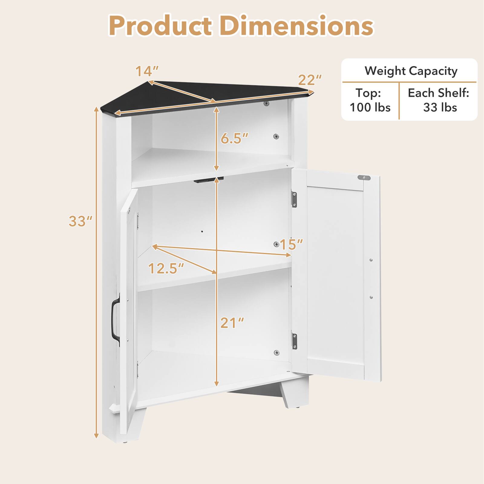 Product Dimensions  
14" x 22"  
Weight Capacity  
Top: 100 lbs  
Each Shelf: 33 lbs  
6.5"  
33"  
12.5"  
15"  
21"