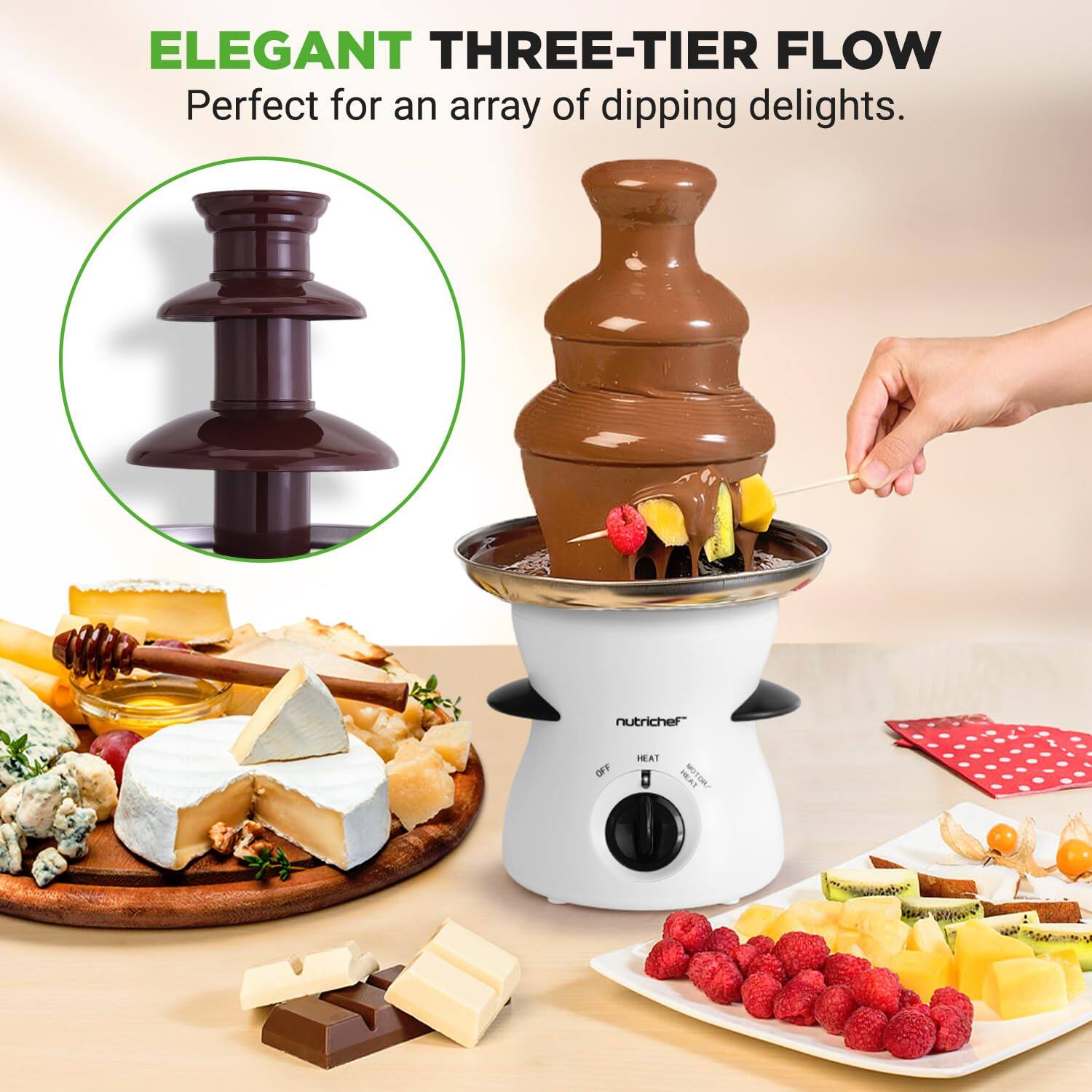 ELEGANT THREE-TIER FLOW  
Perfect for an array of dipping delights.  
nutrichef OFF HEAT