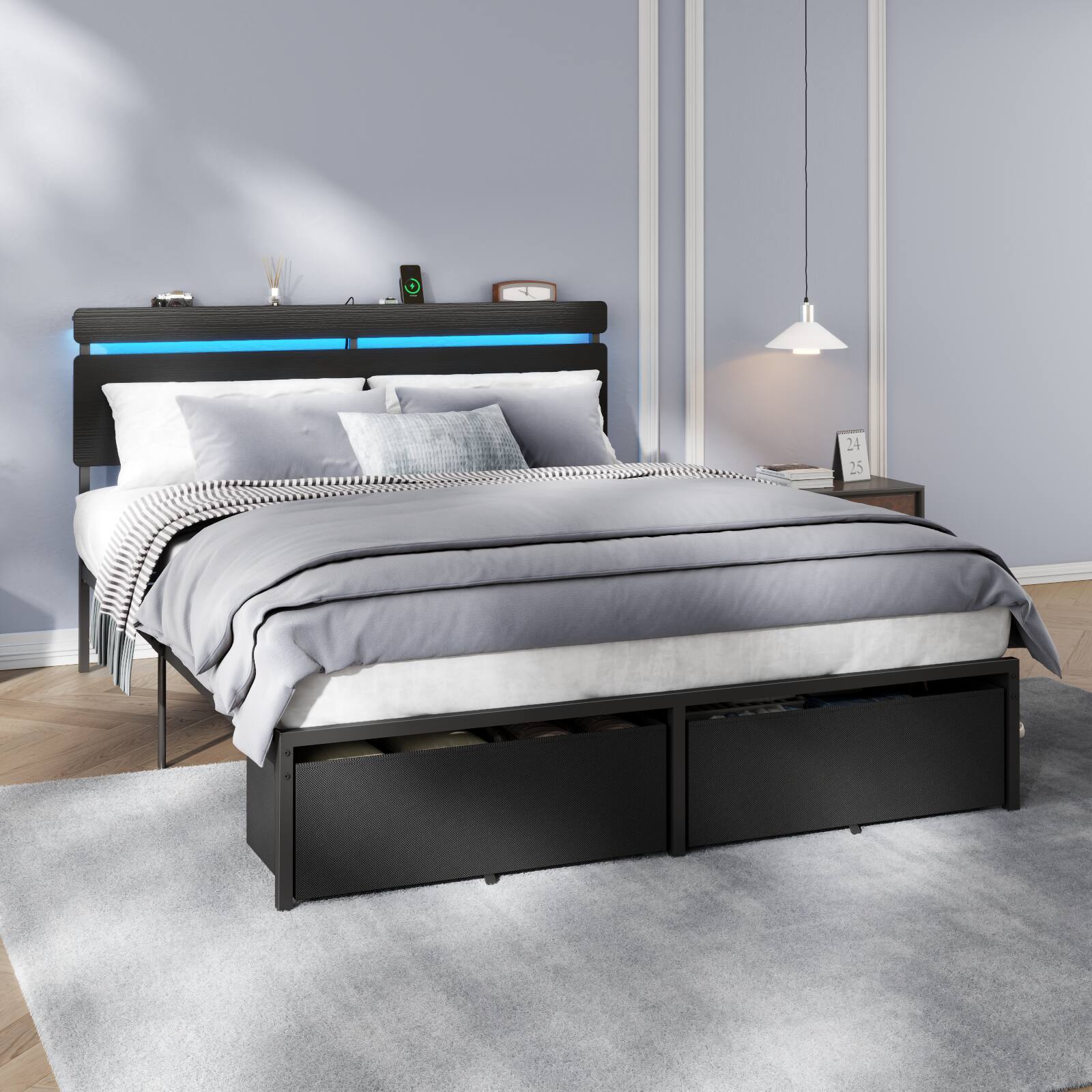 Left. Furnulem - Platform Bed with 2 Drawers and Open Storage Headboard Adjustable LED Light and Charging Station - Black.