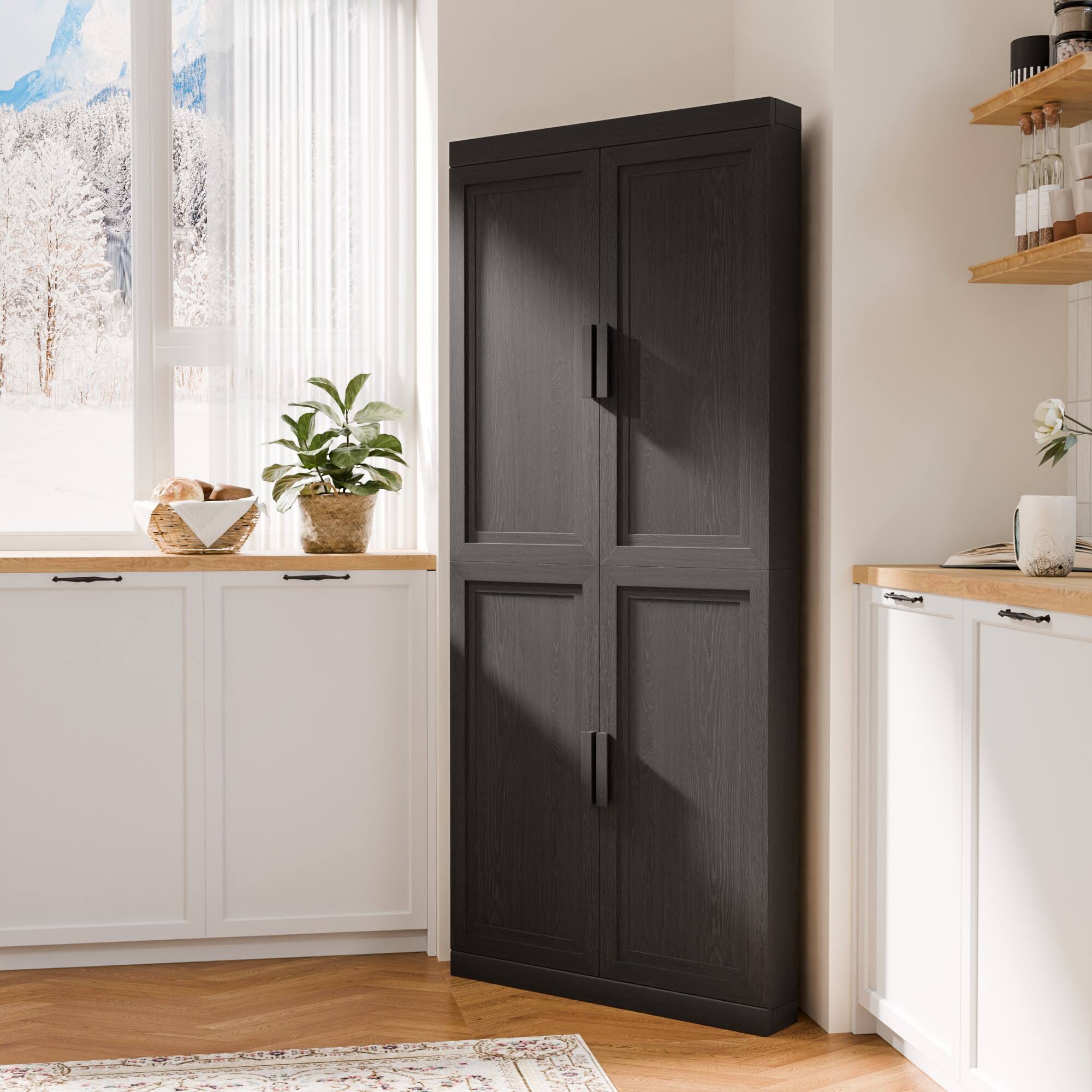 Alt View 2. PexFix - 72" Farmhouse Corner Accent Storage Cabinet with Solid Wood Doors and Adjustable Shelves for Space-Saving - Black.