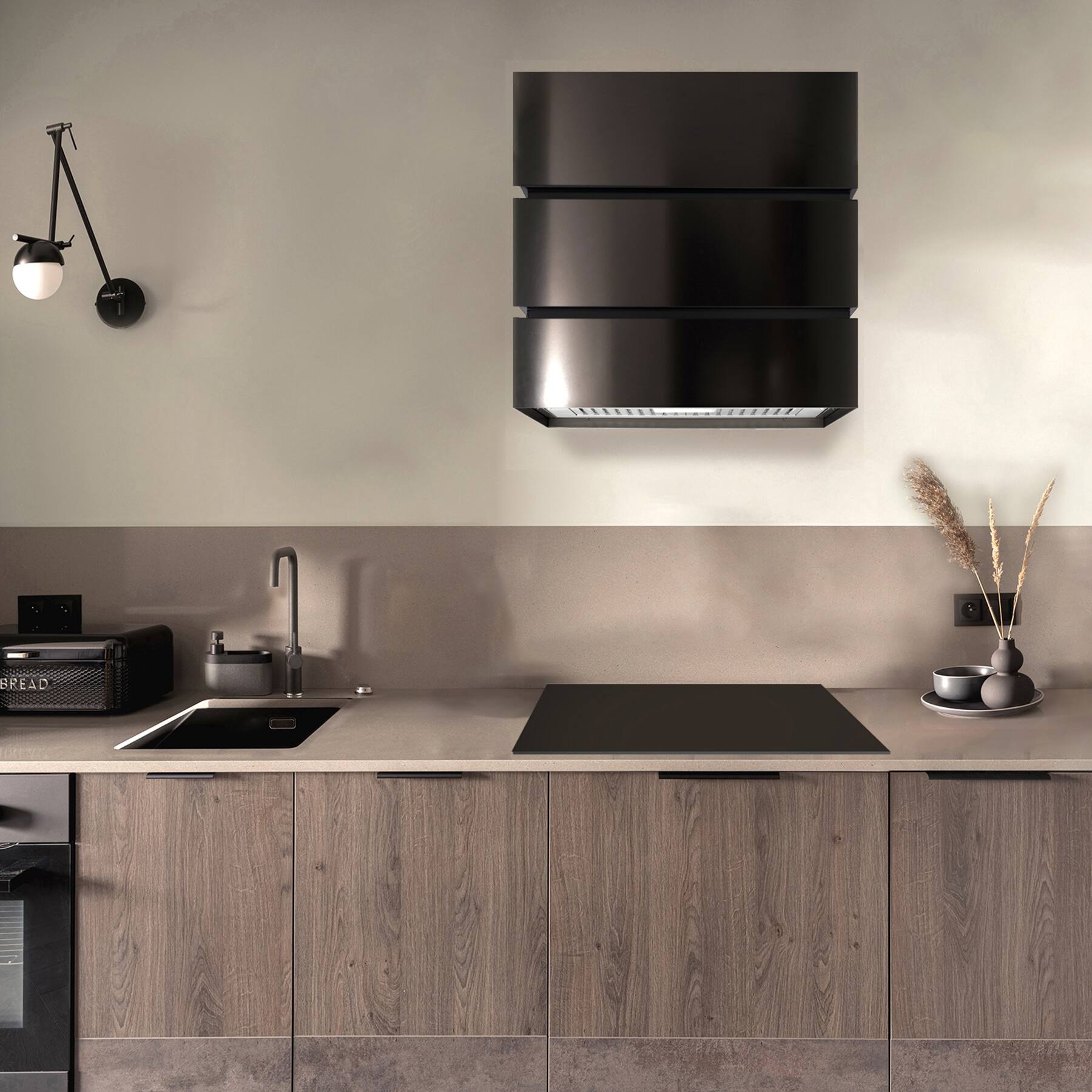 Alt View 7. Akicon - Akicon Stainless Steel 3 Stacks Modern Box Kitchen Hood with Powerful Vent Motor, Wall Mount, in Jet Black - Black.