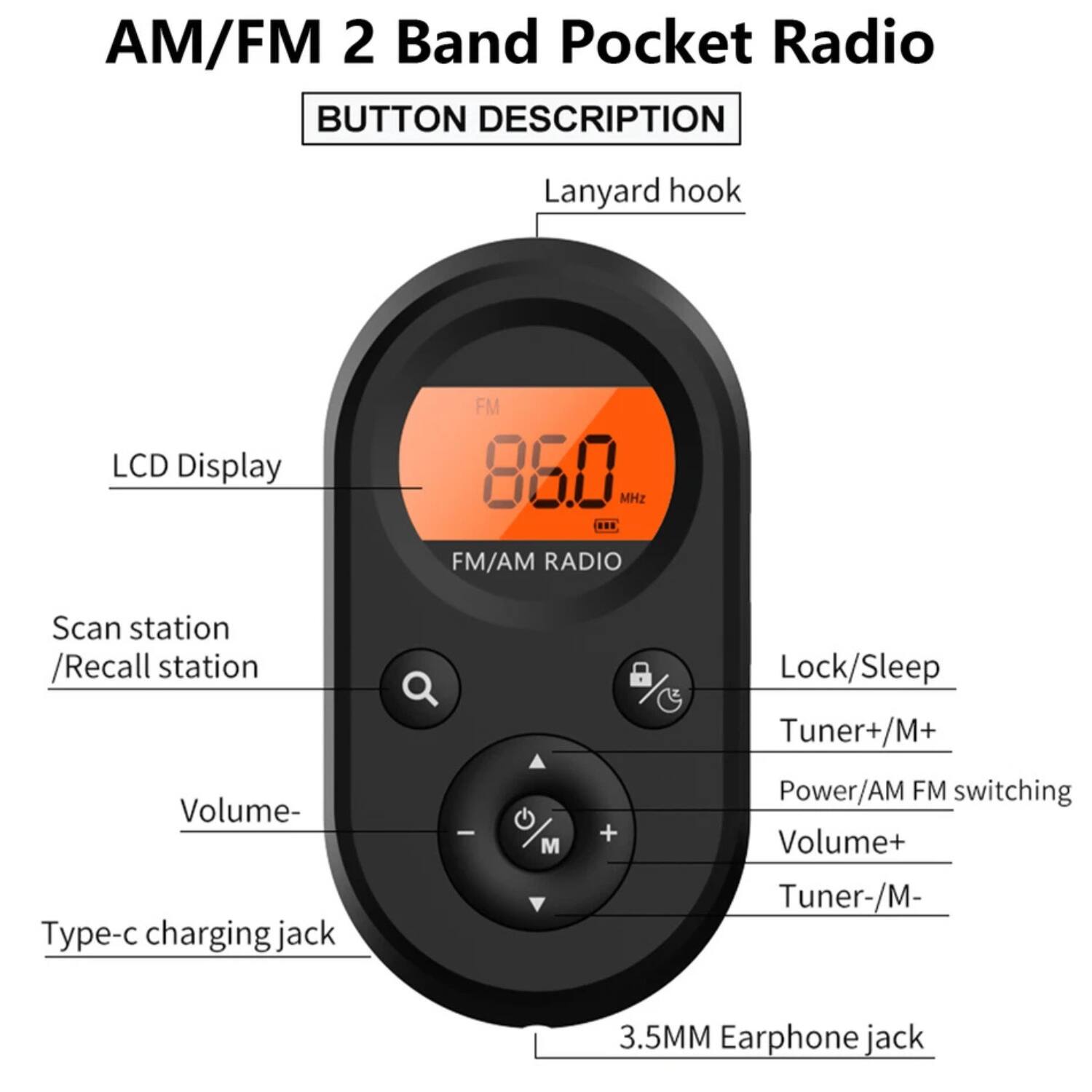 AM/FM 2 Band Pocket Radio

BUTTON DESCRIPTION

- Lanyard hook
- LCD Display
- Scan station / Recall station
- Volume-
- Type-c charging jack
- 3.5MM Earphone jack
- Lock/Sleep
- Tuner+/M+
- Power/AM FM switching
- Volume+
- Tuner-/M-