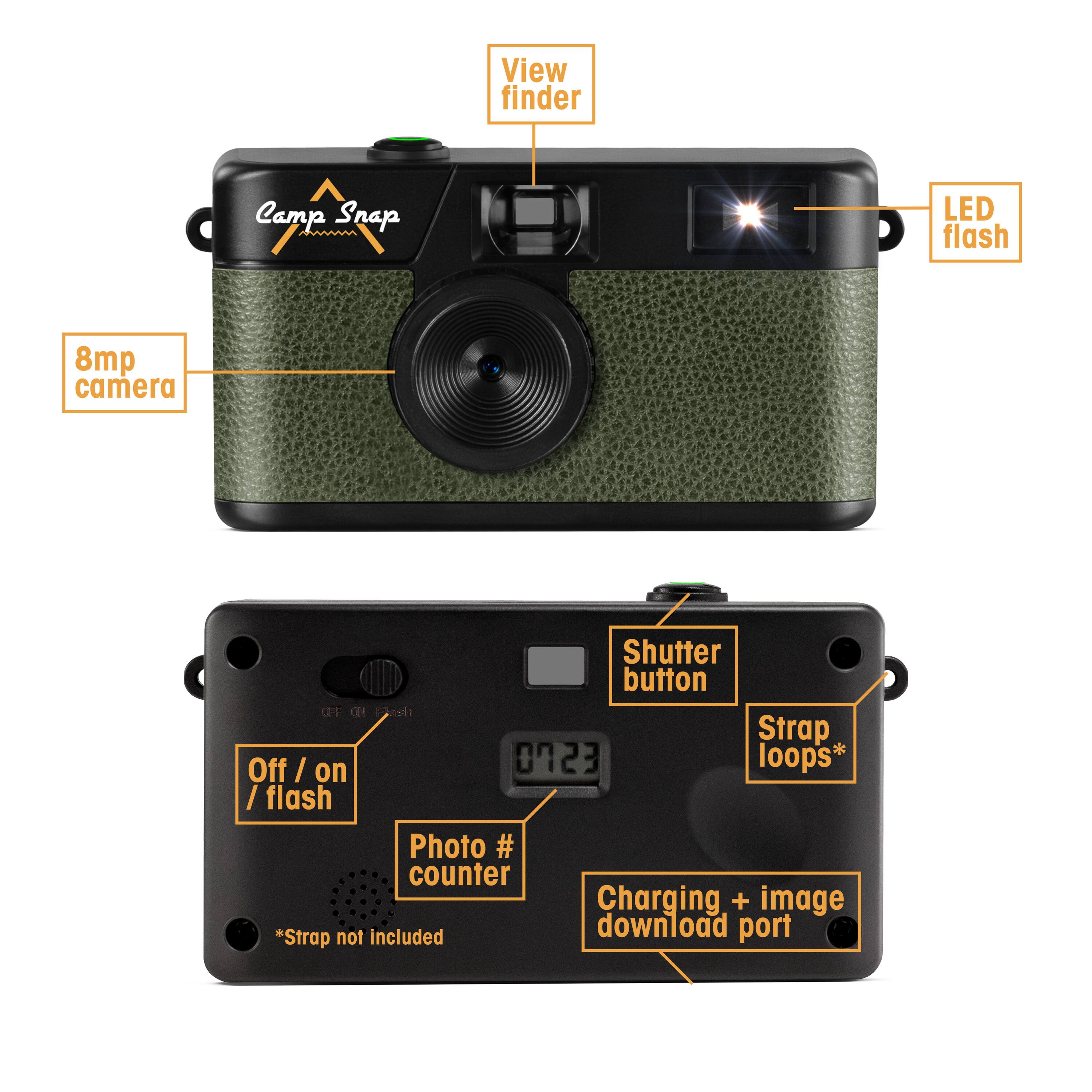 - View finder
- Camp Snap
- 8mp camera
- LED flash
- Shutter button
- Off / on / flash
- Photo # counter
- Strap loops*
- Charging + image download port
- *Strap not included