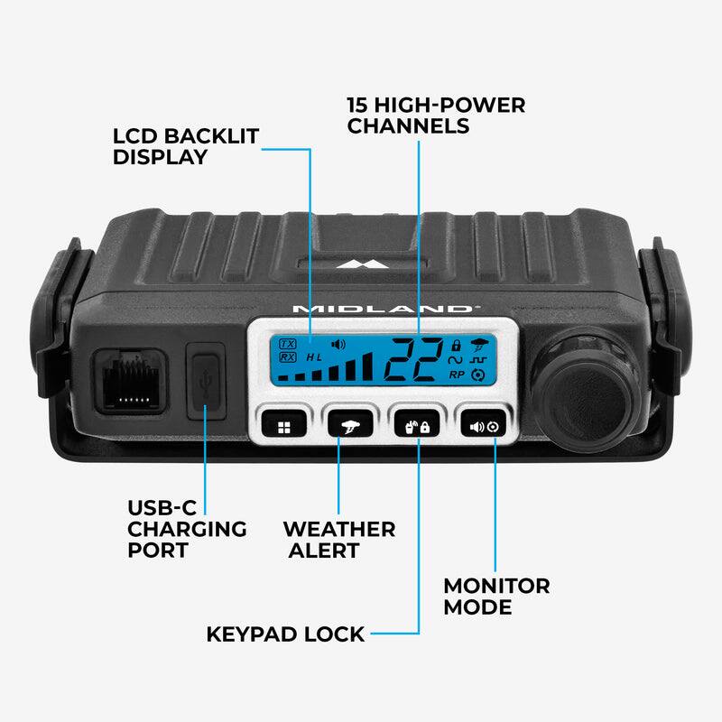LCD BACKLIT DISPLAY  
15 HIGH-POWER CHANNELS  
USB-C CHARGING PORT  
WEATHER ALERT  
KEYPAD LOCK  
MONITOR MODE