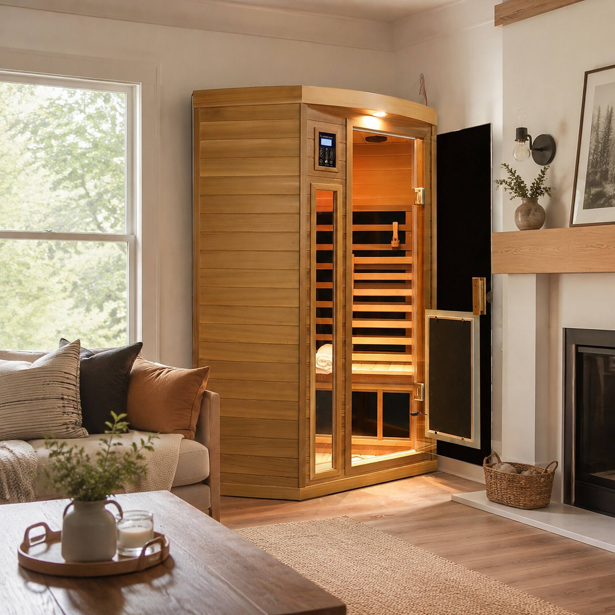 Alt View 1. RYHNUYNE - Low EMF 2 Person Far-Infrared Sauna, Red Cedar, Indoor Pentagonal Room, 8 Heating Panels, 1760W - Natural Wood.