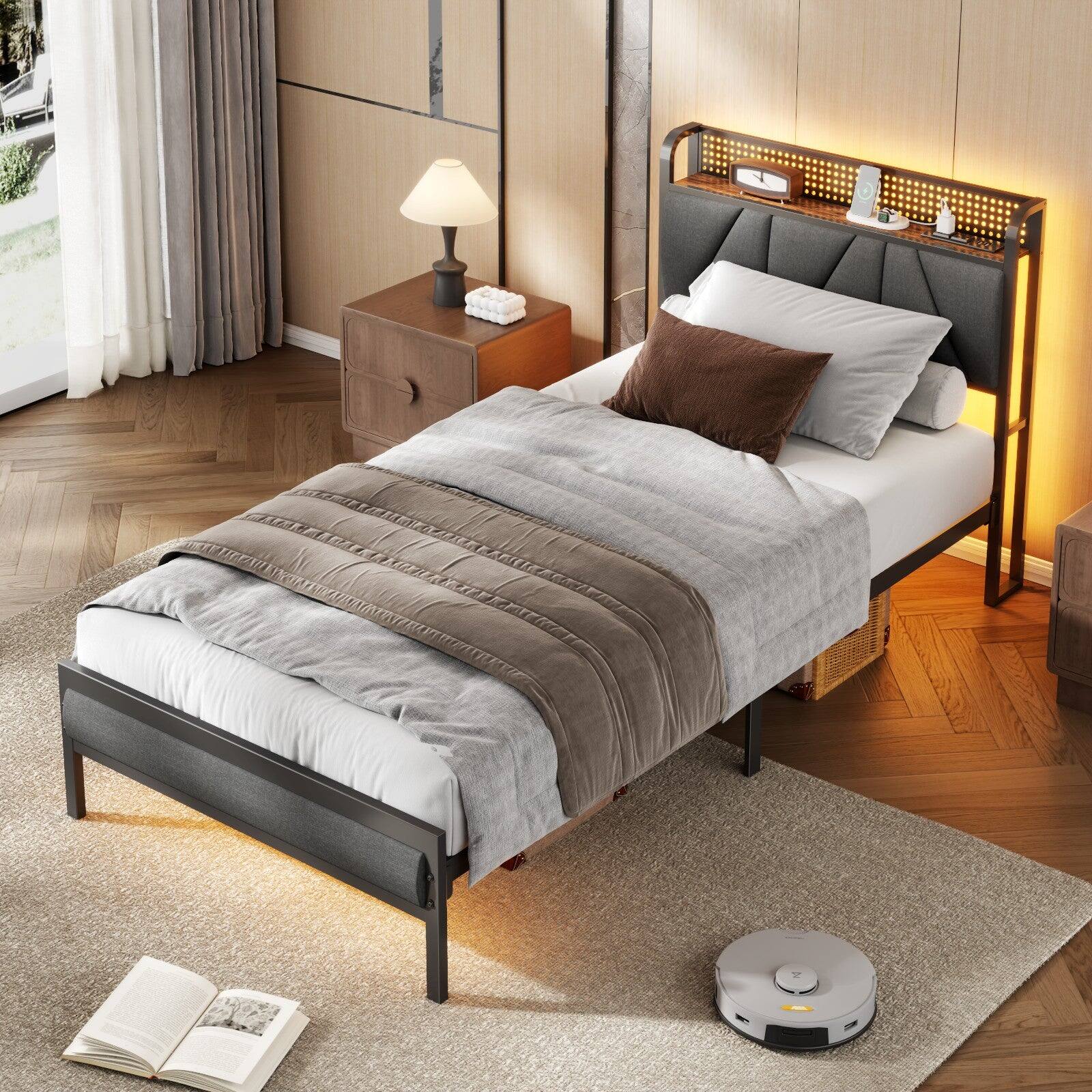 Left. Furnulem - Twin Upholstered Bed Frame with LED Lights & Headboard with Charging Station and USB Port - Brown.