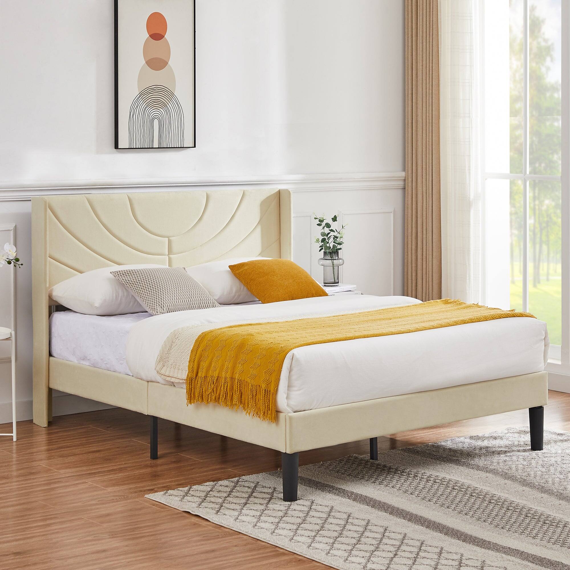 Angle. Vecelo - Upholstered Platform Queen Bed Frame with Fabric Headboard,Wooden Slats Support/No Box Spring Needed/Mattress Foundation - Beige.