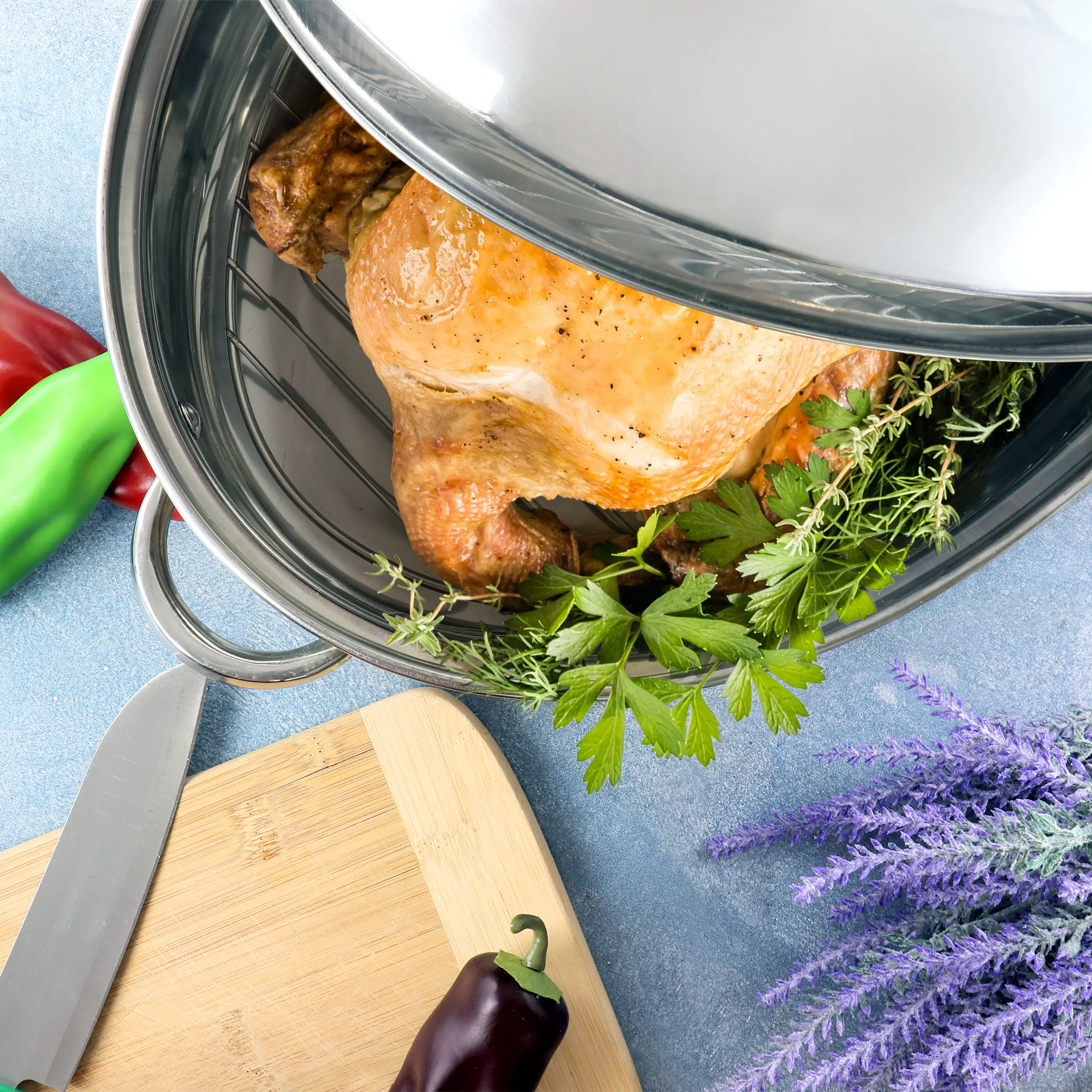 Alt View 4. Gibson - Gibson Home Hutchinson 18 Inch Oval Stainless Steel Roaster with Rack - Silver.