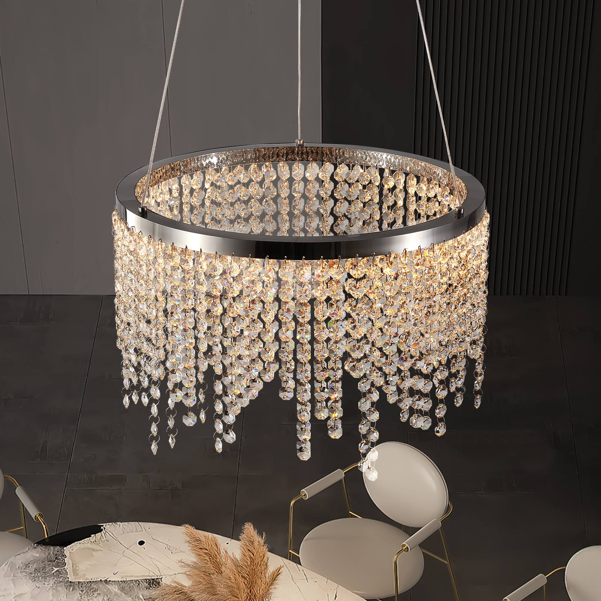 Left. Tiramisubest - 16-inch Modern Luxury Crystal LED Chandelier - Adjustable Height and Color Temperature (3000K-6000K) - Chrome,Transparent.