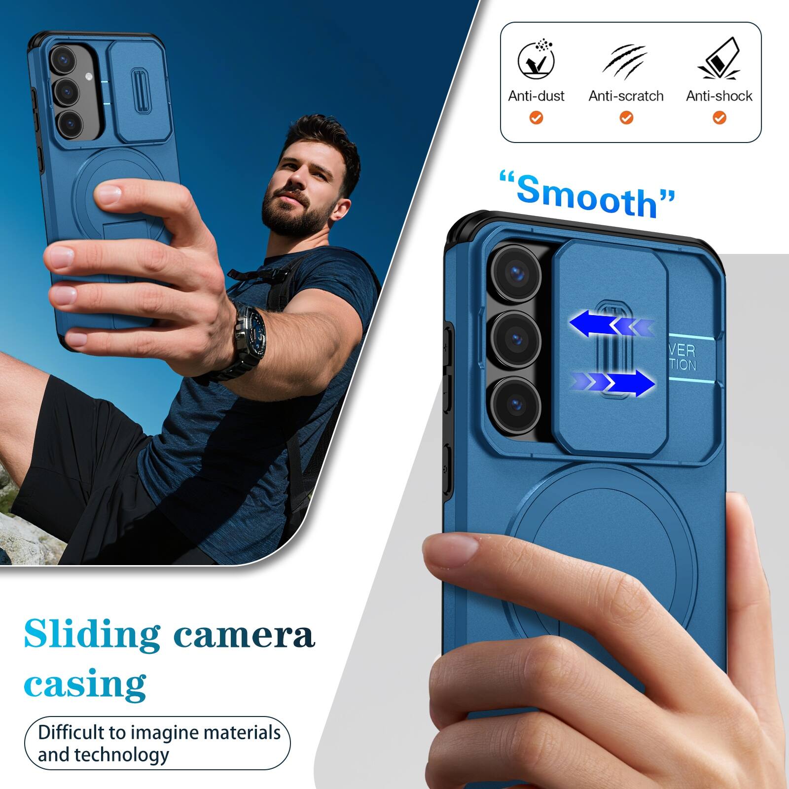 Anti-dust  
Anti-scratch  
Anti-shock  

"Smooth"  

Sliding camera casing  
Difficult to imagine materials and technology