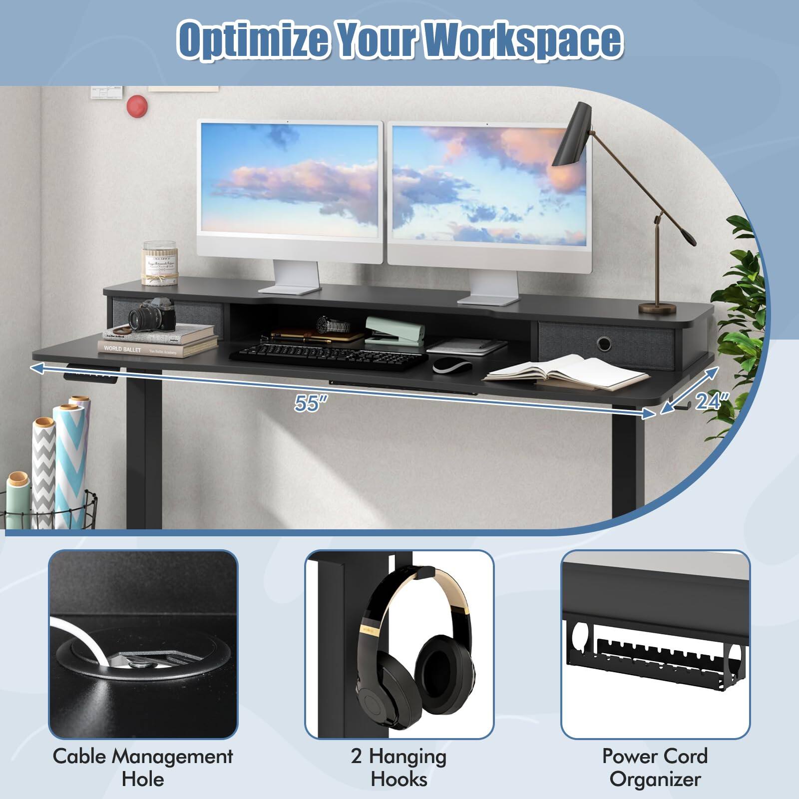 Optimize Your Workspace

- 55" 24" Cable Management Hole
- 2 Hanging Hooks
- Power Cord Organizer