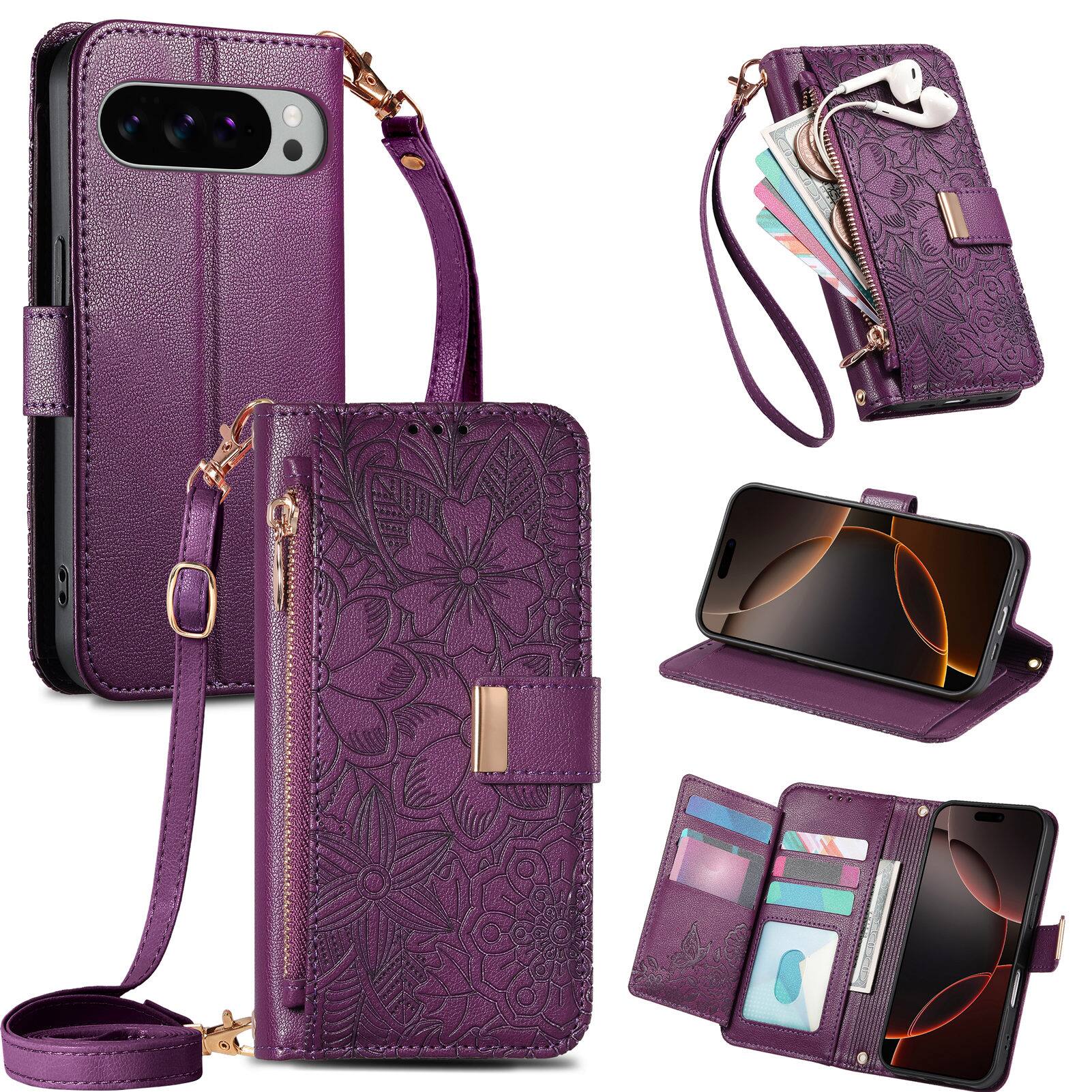 Angle. Dteck - Floral Embossed Leather Zipper Cash Slot Wallet Case for Google Pixel 11 Pro/Google Pixel 11 with Detachable Strap - Purple.