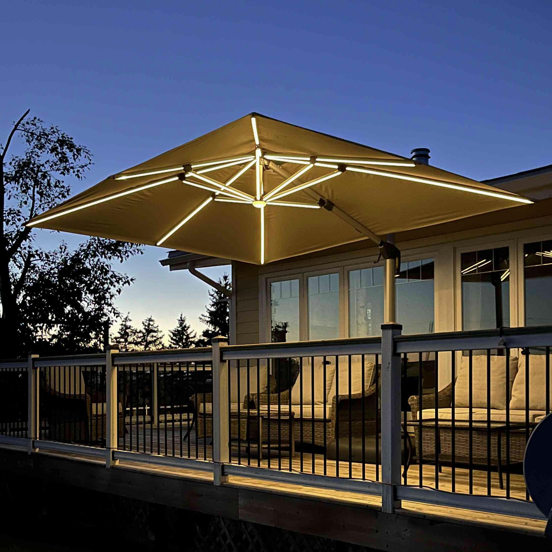 Angle. PURPLE LEAF - 10 ft. Patio Square Aluminum Solar Powered LED Cantilever Outdoor Offset Umbrella with Base for Garden Deck Pool - Beige.