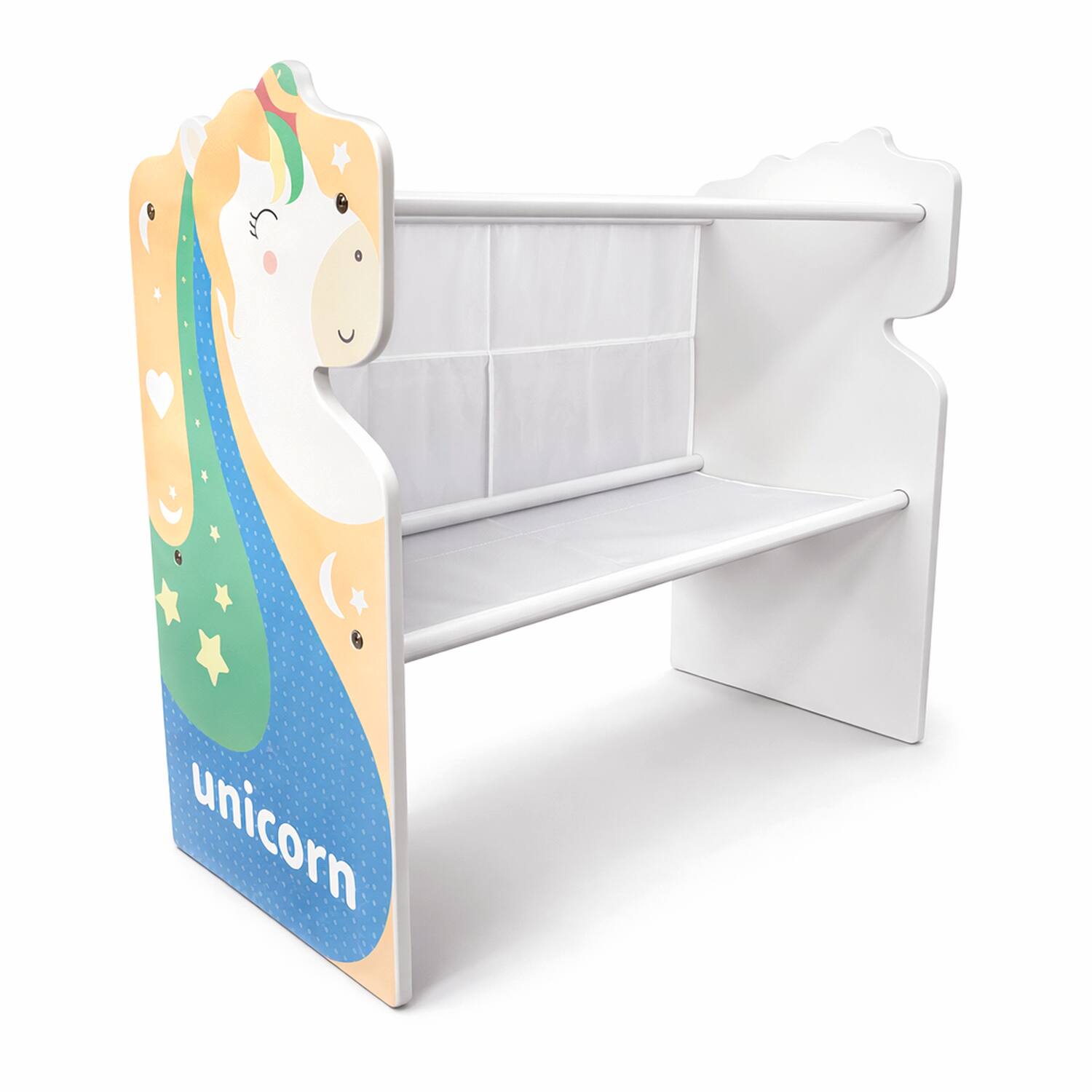 Angle. Malletson - Toy Storage Organizer for Kids - Multi-Compartment Toy and Book Rack with Fabric Bins - Multicolor.
