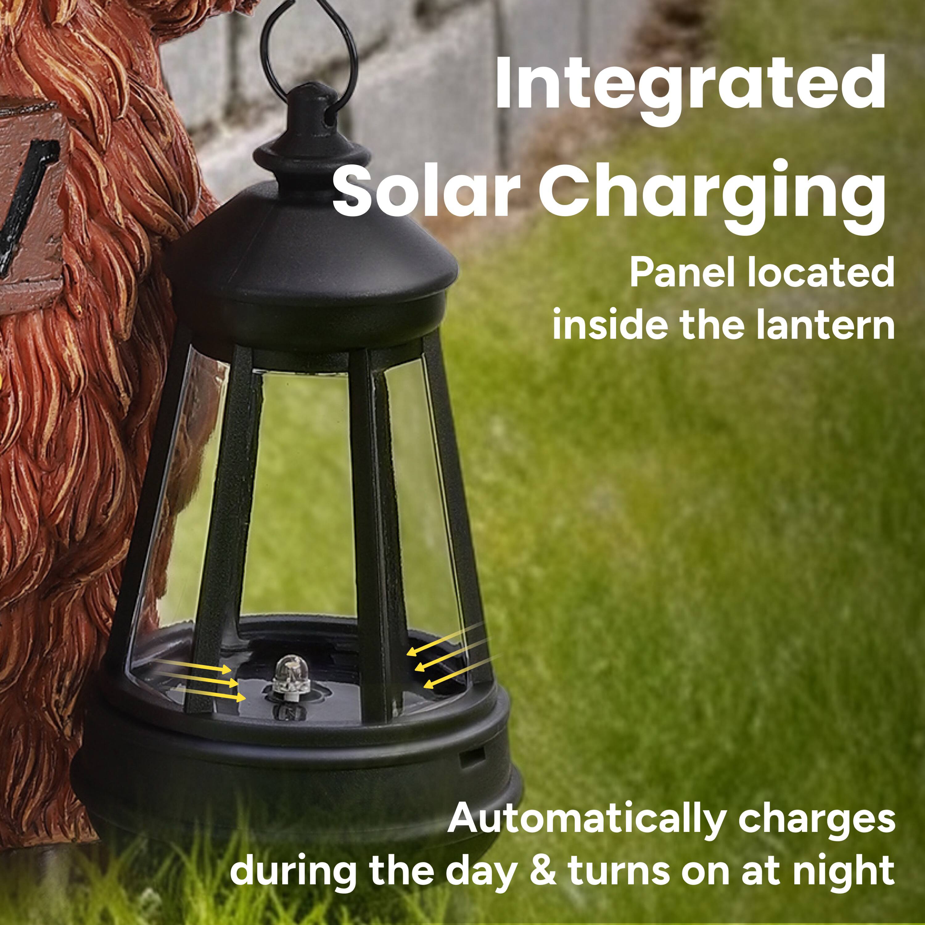 Integrated Solar Charging Panel located inside the lantern. Automatically charges during the day & turns on at night.