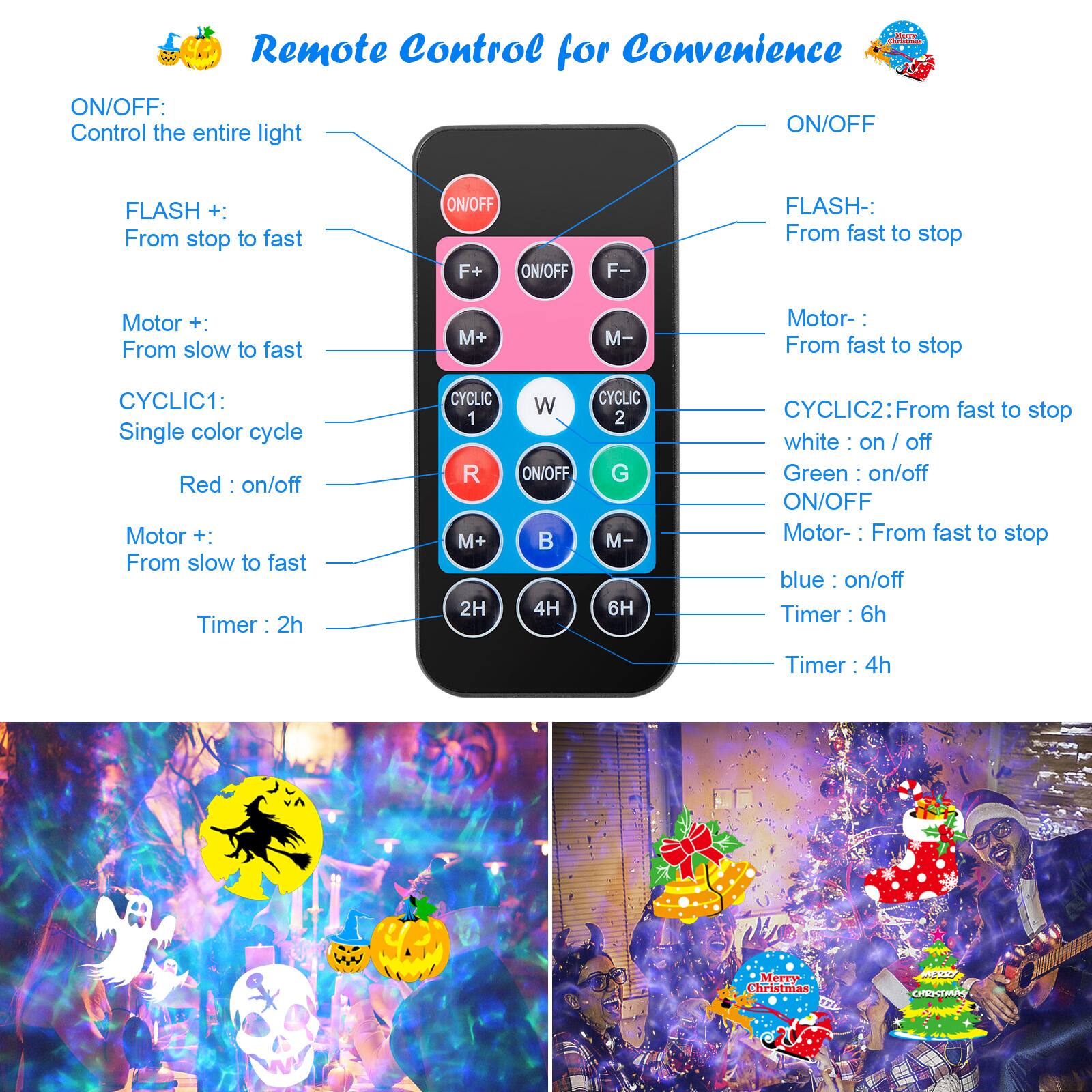 Remote Control for Convenience
ON/OFF: Control the entire light
FLASH+: From stop to fast
FLASH-: From fast to stop
Motor +: From slow to fast
Motor -: From fast to stop
CYCLIC1: Single color cycle
Red on/off
Timer: 2h
CYCLIC 1 R M+ 2H W ON/OFF B 4H
CYCLIC2: From fast to stop
White: on/off
Green on/off
Blue on/off
Timer: 6h
Timer: 4h
Merry Christmas
