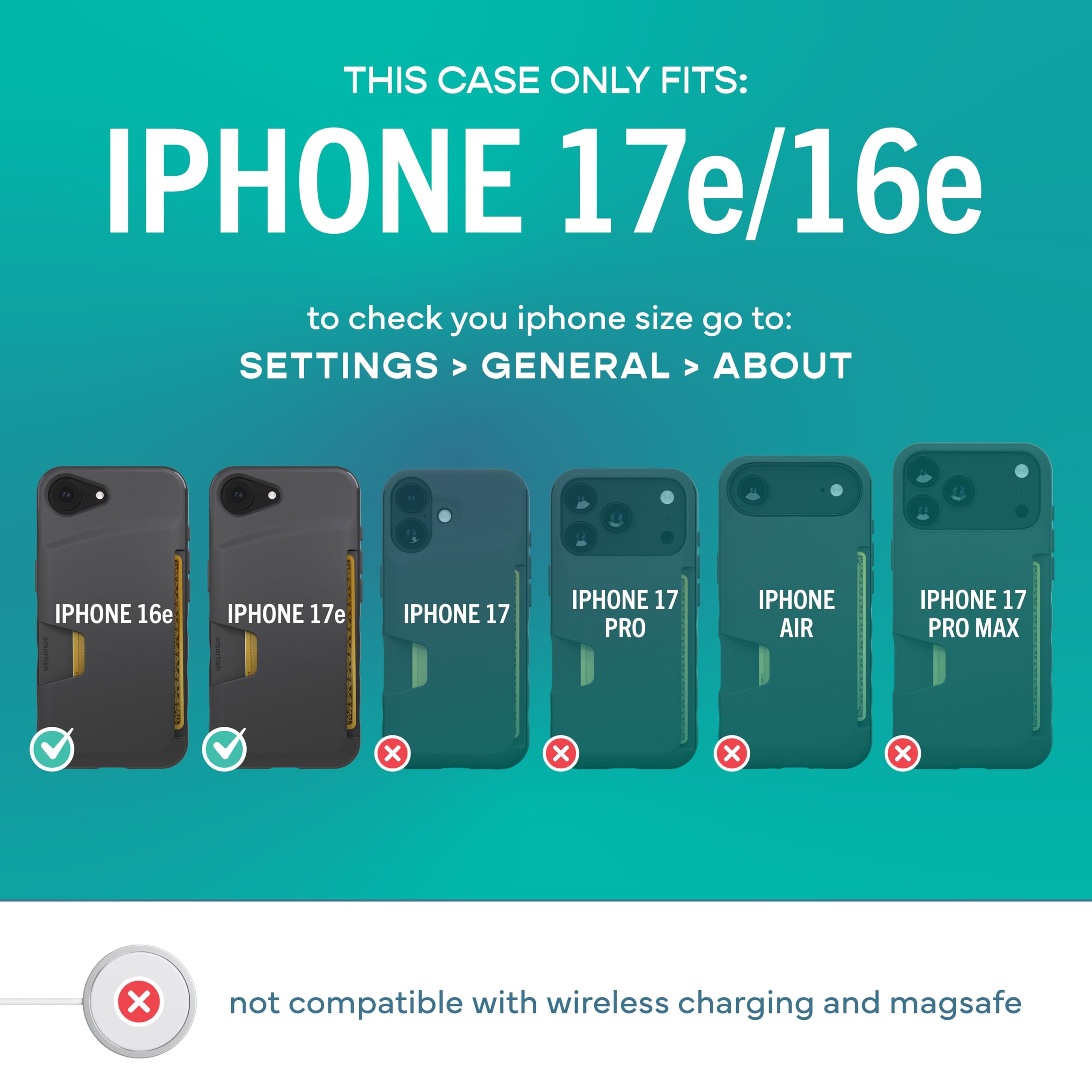 THIS CASE ONLY FITS: IPHONE 17e/16e

to check you iphone size go to:
SETTINGS > GENERAL > ABOUT

IPHONE 16e
IPHONE 17e
IPHONE 17
IPHONE 17 PRO
IPHONE AIR
IPHONE 17 PRO MAX

not compatible with wireless charging and magsafe