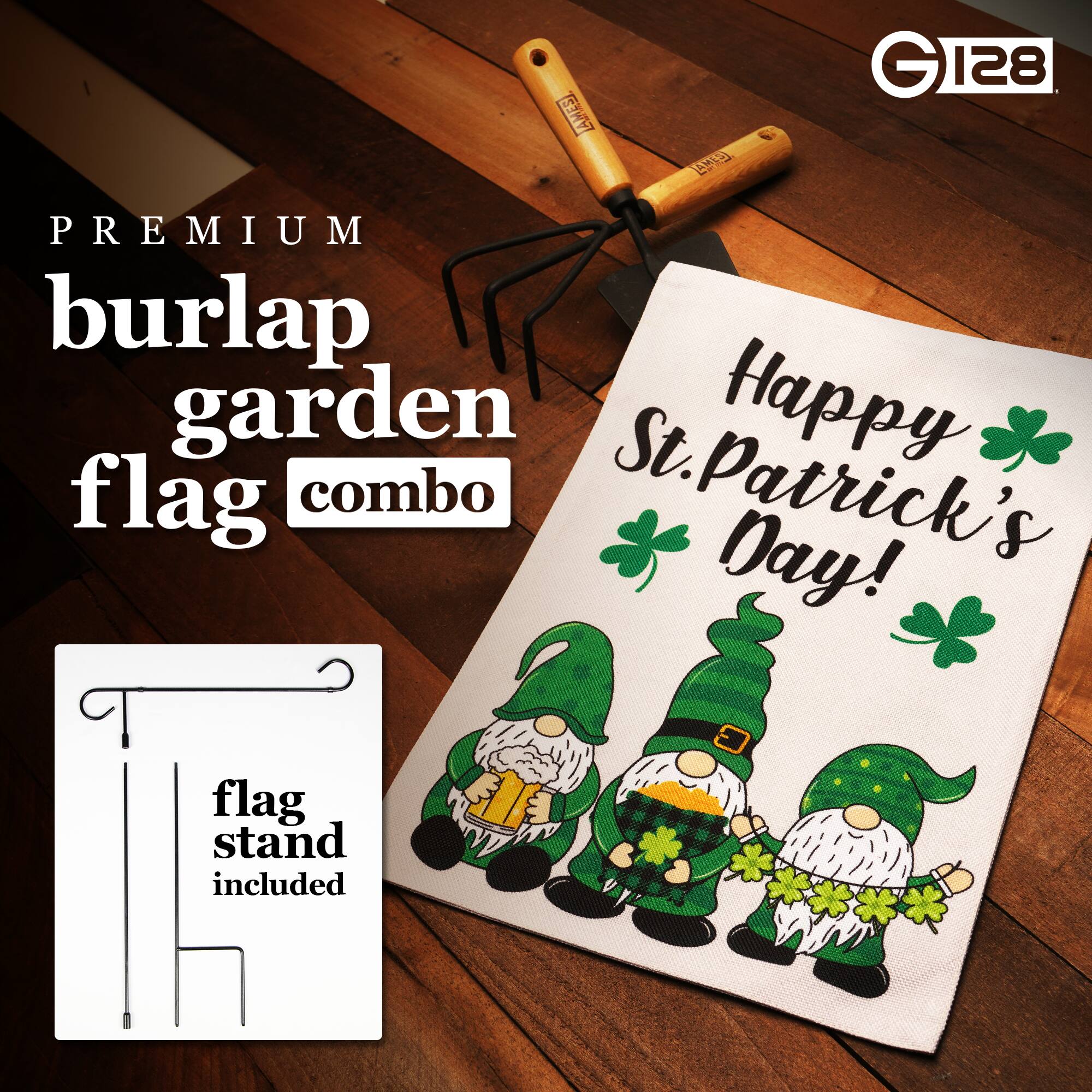 PREMIUM burlap garden flag combo  
Happy St. Patrick's Day!  
flag stand included