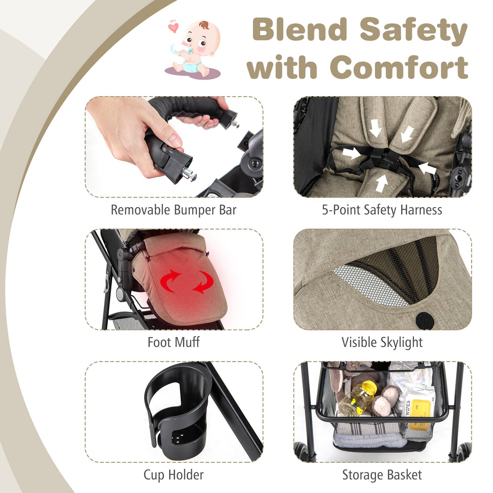 Blend Safety with Comfort

Removable Bumper Bar
5-Point Safety Harness
Foot Muff
Visible Skylight
Cup Holder
Storage Basket