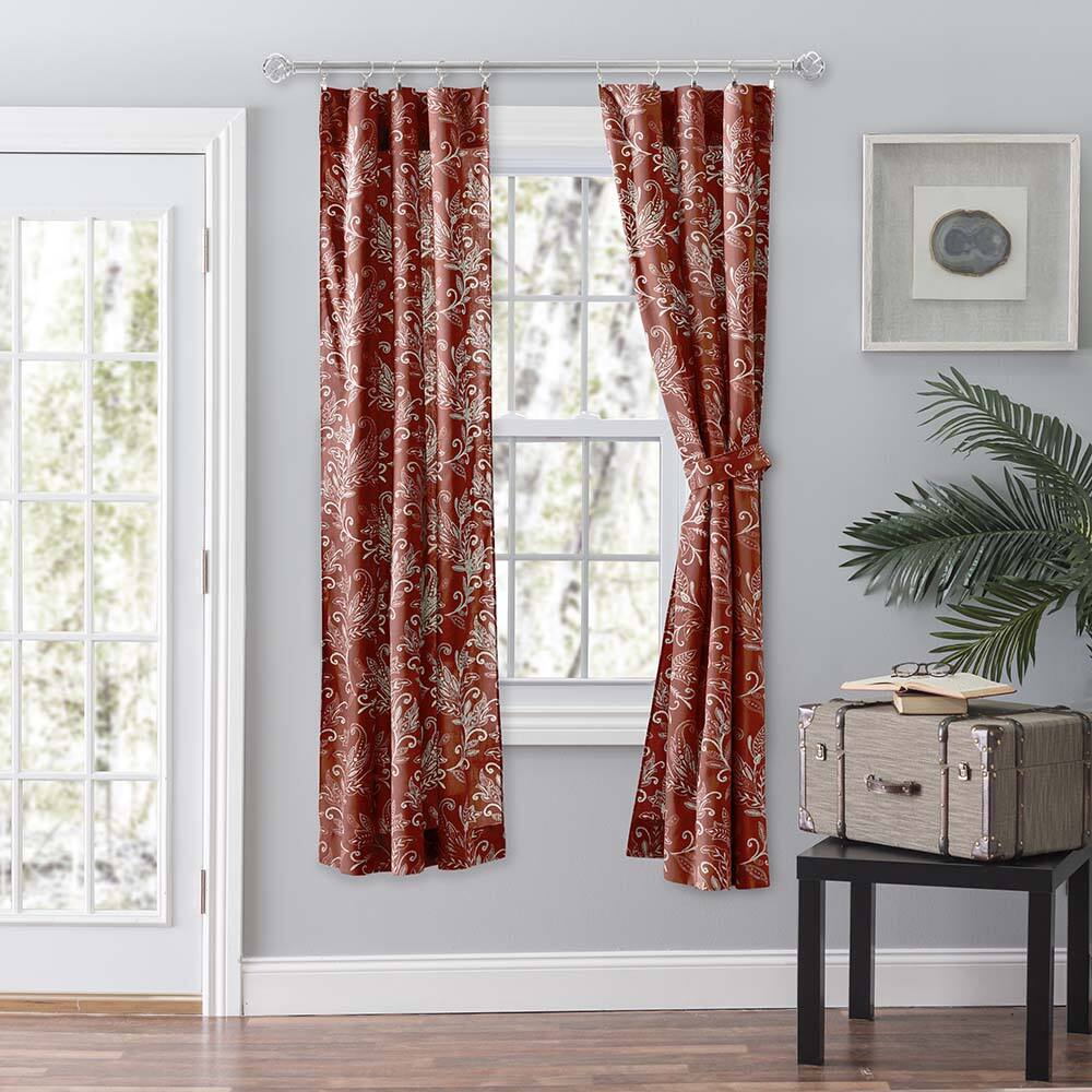 Angle. Ellis Curtain - Ellis Curtain Lexington Leaf Pattern on Colored Ground Curtain Pair with Ties 56"x84" Brick - Brick.
