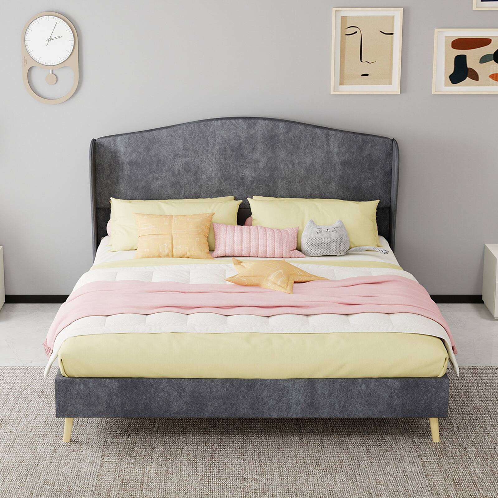 Alt View 2. Loheer - Loheer Gray Velvet Queen Bed Upholstered Platform Bed Frame Luxury Master Bedroom Furniture - Grey.