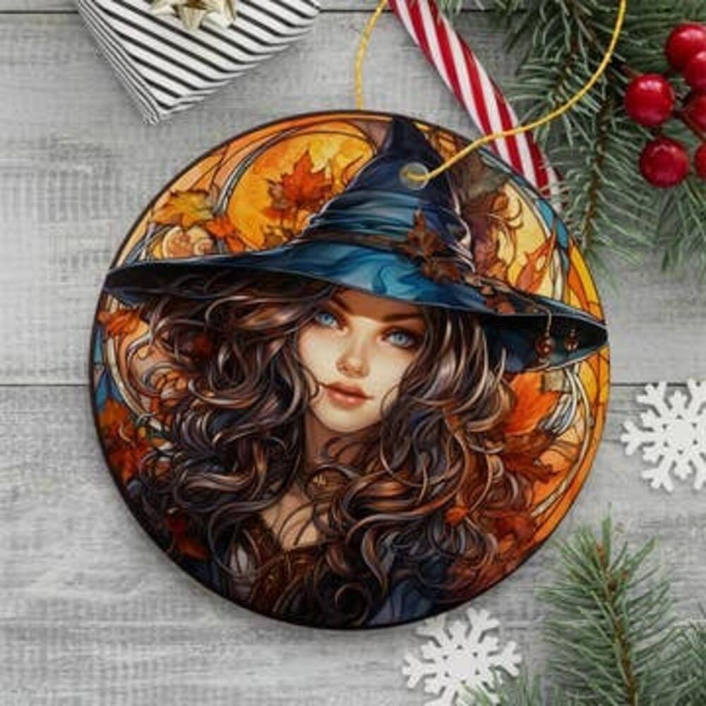 Back. OrnamentallyYou - Mystical Enchantress Beautiful Young Witch Stained Glass Style Ceramic Ornament - Multi-colored.
