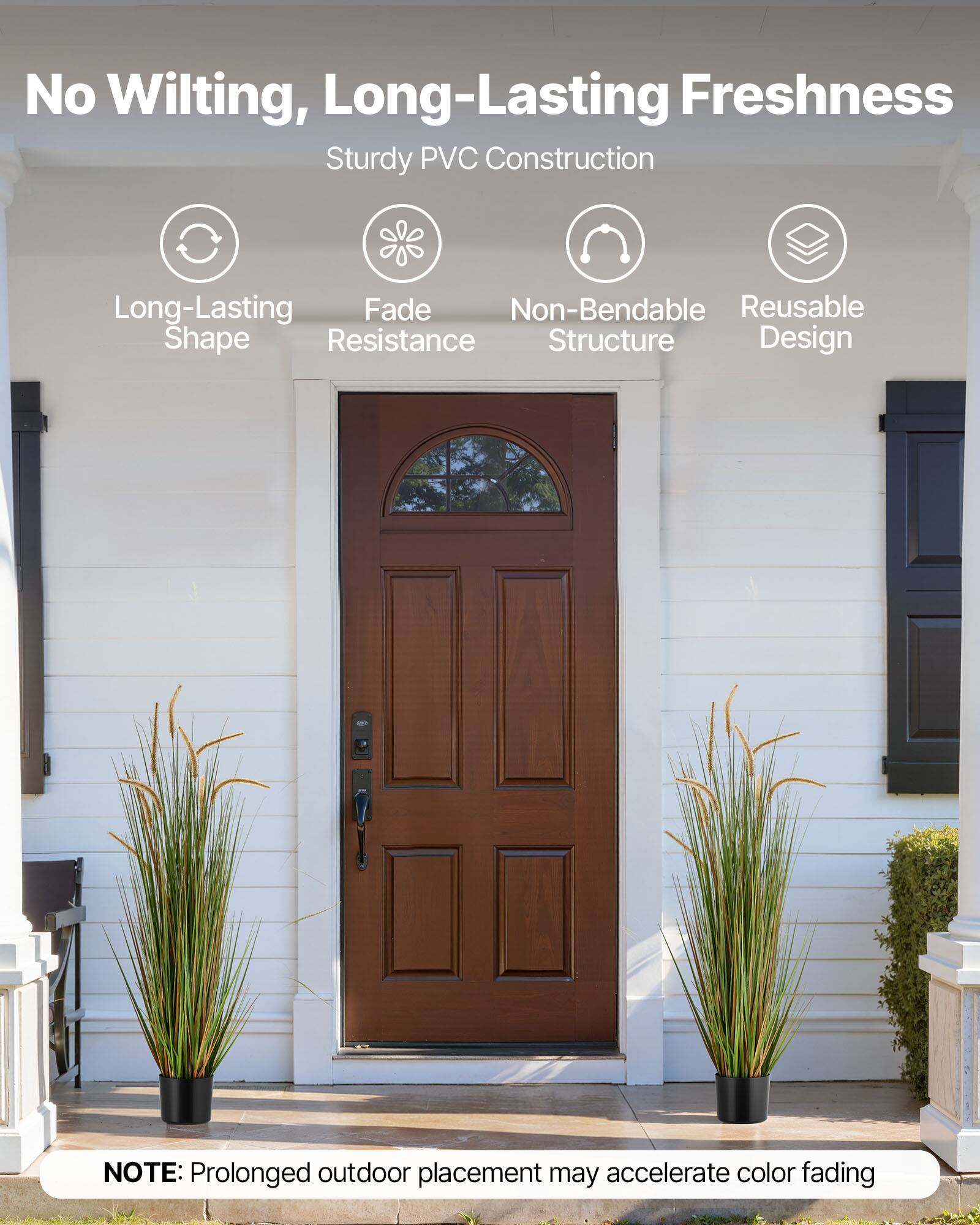 No Wilting, Long-Lasting Freshness  
Sturdy PVC Construction  

- Long-Lasting Shape  
- Fade Resistance  
- Non-Bendable Structure  
- Reusable Design  

NOTE: Prolonged outdoor placement may accelerate color fading