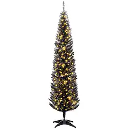 Homcom - Tall Pre-Lit Slim Noble Fir Artificial Christmas Tree with 250 Warm White LED Lights and 499 Tips, for Christmas - Black