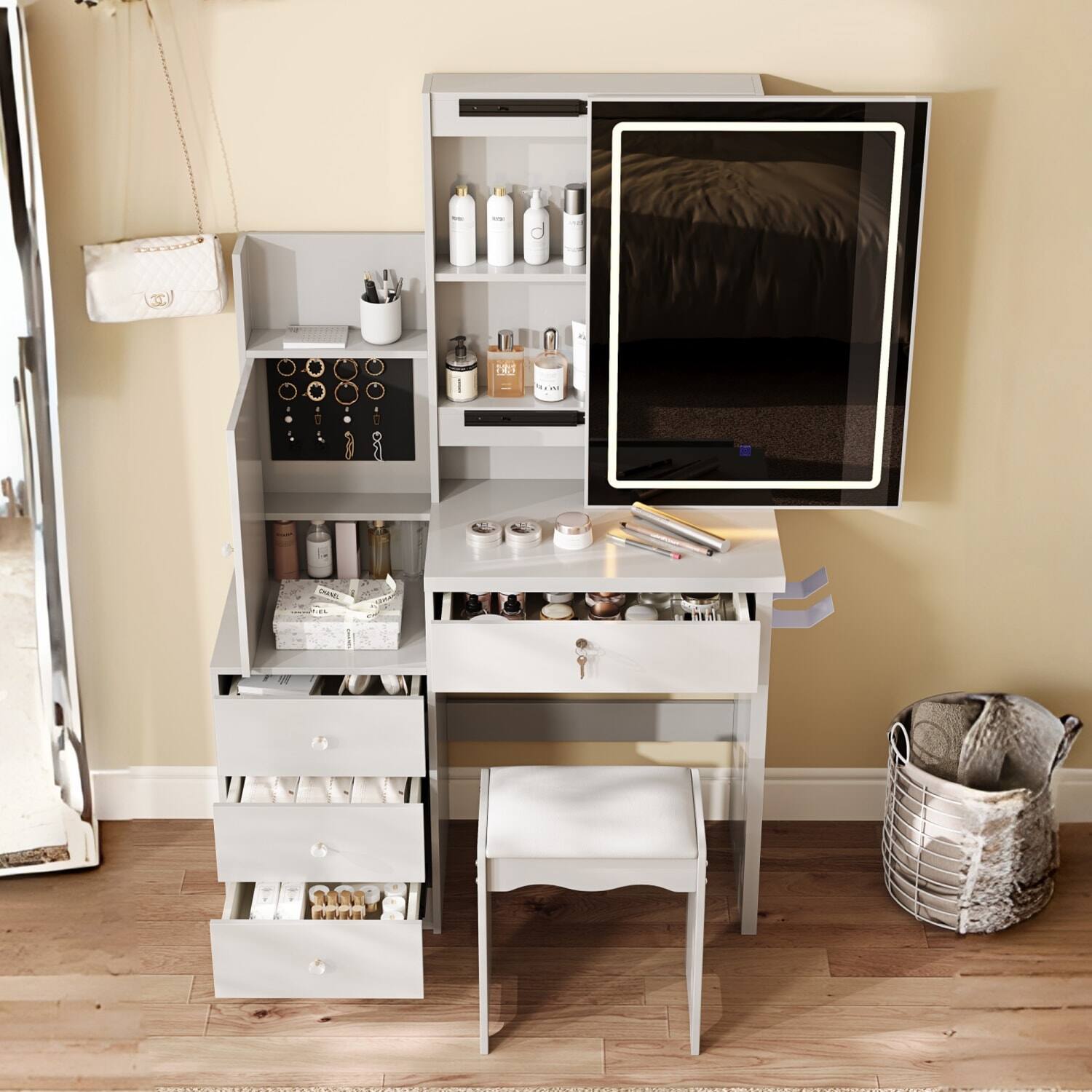 Alt View 1. Lirago - White Wood Dresser Table Desk with Sliding Lighted Mirror Dressing Table 13.39”D x 31.50”W x 53.15”H - White.