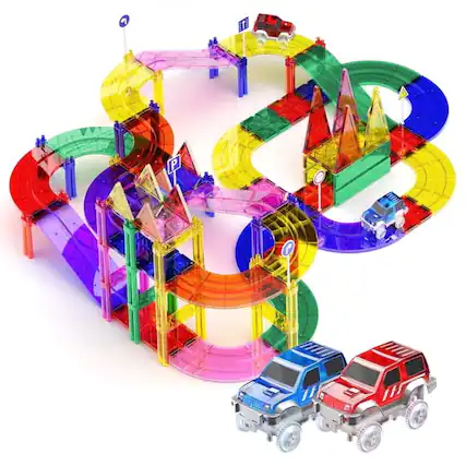Front. PicassoTiles - PICASSO-TILES Race Track Magnetic Tiles for Kids, 81PCS with 2 Racing Cars, STEM Building Blocks Educational Toy.