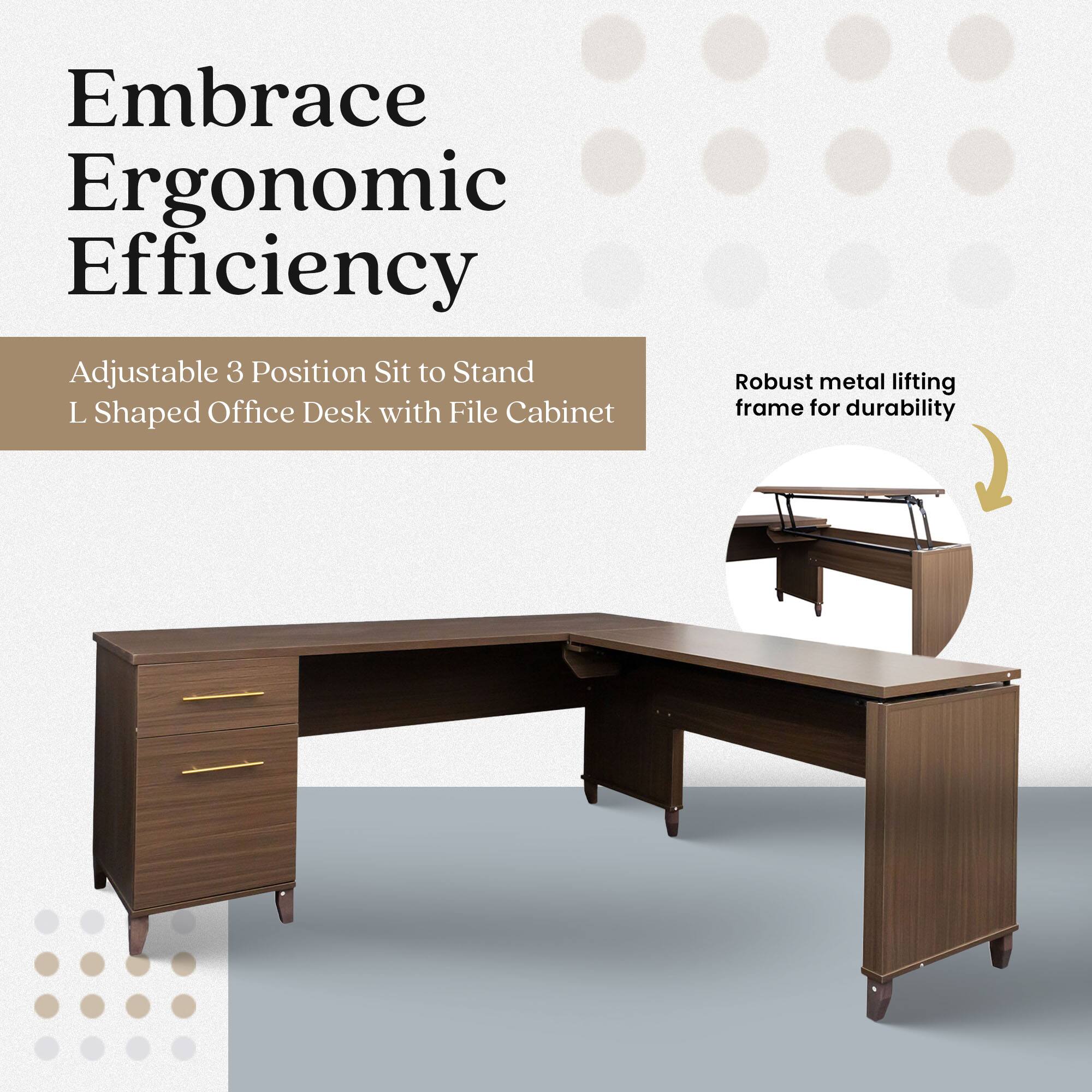Embrace Ergonomic Efficiency

Adjustable 3 Position Sit to Stand L Shaped Office Desk with File Cabinet

Robust metal lifting frame for durability