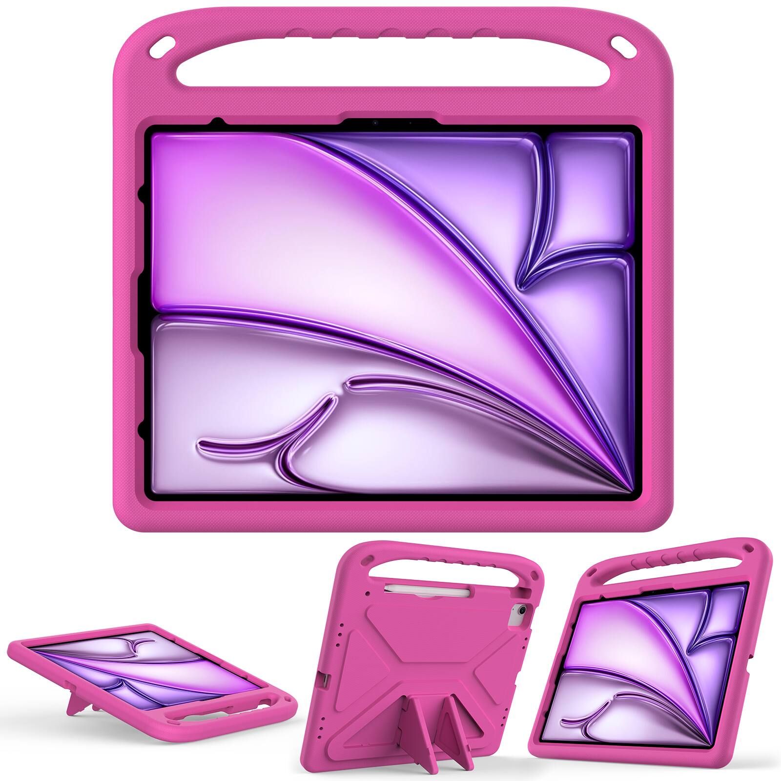 Angle. Dteck - For iPad Air 11 M4(2026)/M3 (2025)/M2 (2024) Rugged Case Kids Friendly EVA Handle Grip Pencil Holder Kickstand Cover - Rose.