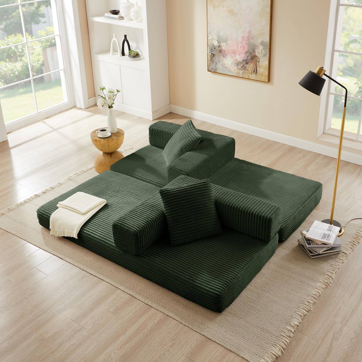 Alt View 3. Meqiodas - 81''Convertible Sofa Bed, Folding Floor Couch with Square Armrest, Comfy Sleeper Mattress for Living Room - Green.