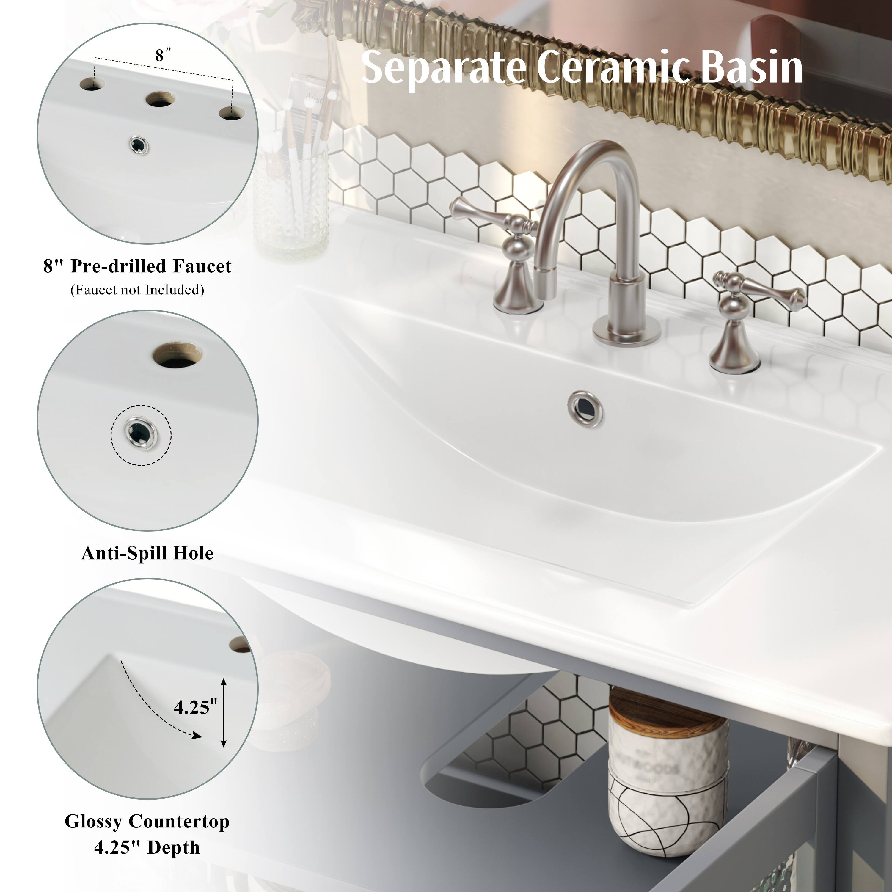 8" Separate Ceramic Basin  
8" Pre-drilled Faucet (Faucet not Included)  
Anti-Spill Hole  
4.25" Glossy Countertop  
4.25" Depth