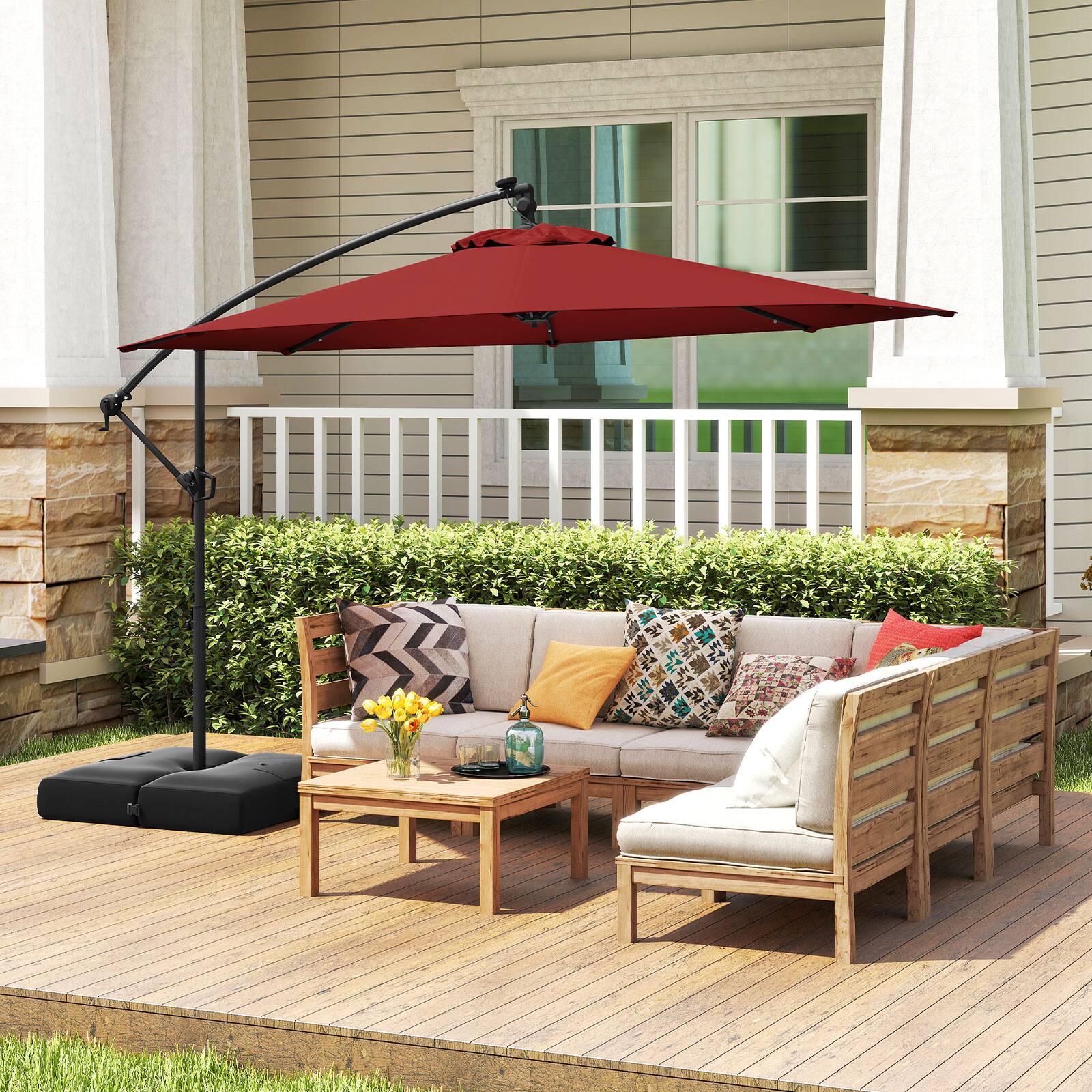 Alt View 1. Gymax - Gymax 10 FT Solar Offset Hanging Umbrella Patio Cantilever Umbrella w/ 32 LED Lights Red - Red.