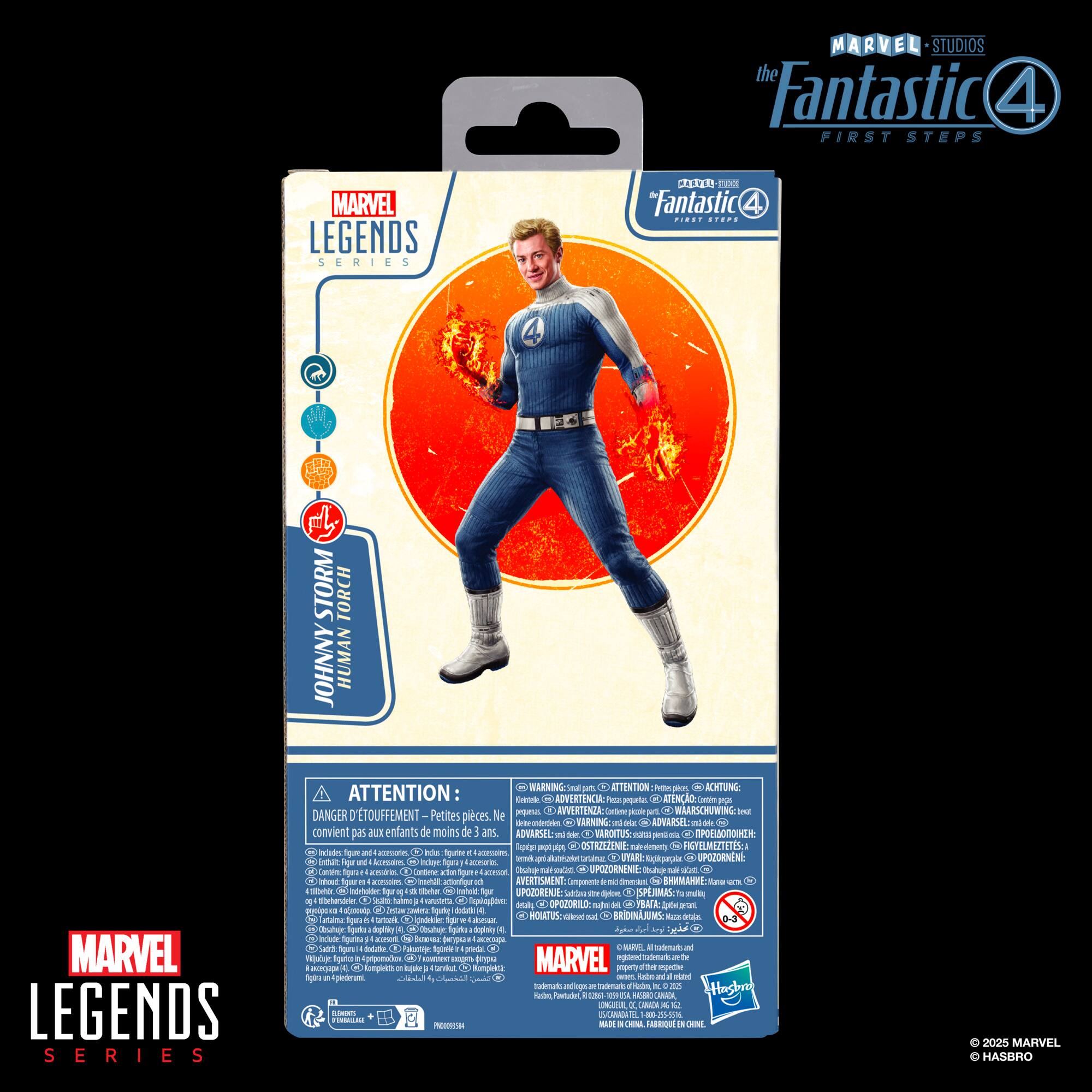 The image features a blue box with a man in a blue and white costume on the front. The box is part of the Marvel Legends Series and is designed for children. The man is wearing a cape and has a flame on his chest. The box is a collectible item for fans of the Fantastic Four.