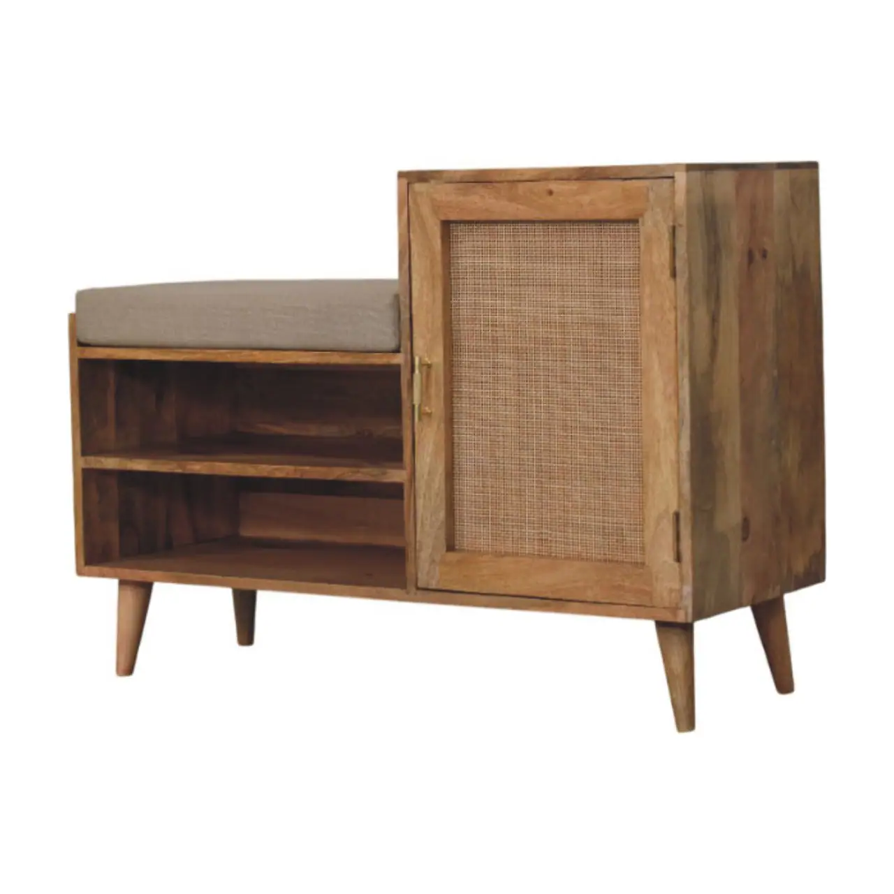 Left. Artisan Furniture - Artisan Furniture Solid Wood Larissa 2 slot Oak-ish Bench Unit, Upholstered, 1 Door, 2 Shelves, Brown and White - Brown and White.
