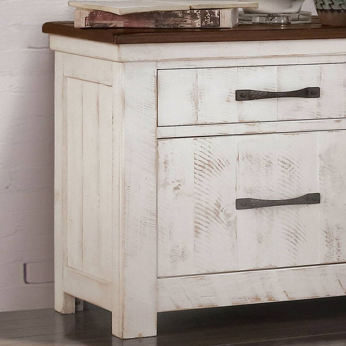 Alt View 2. Loheer - Loheer Solid Wood Nightstand Distressed White Finish with Two Drawers - Brown and Distressed White with Walnut.