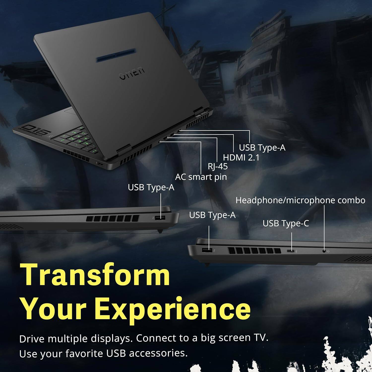 OTEN D1E USB Type-A HDMI 2.1 RJ-45 AC smart pin USB Type-A Headphone/microphone combo USB Type-A USB Type-C

Transform Your Experience
Drive multiple displays. Connect to a big screen TV. Use your favorite USB accessories.