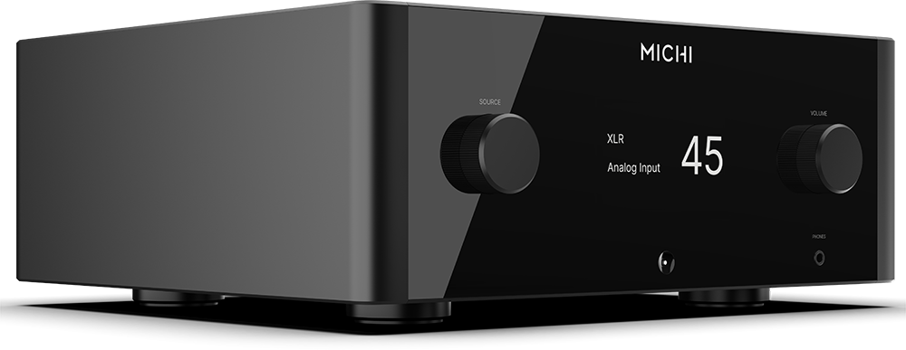 The text on the image reads: "MICHI SOURCE XLR Analog Input 45 VOLUME IN ONE."