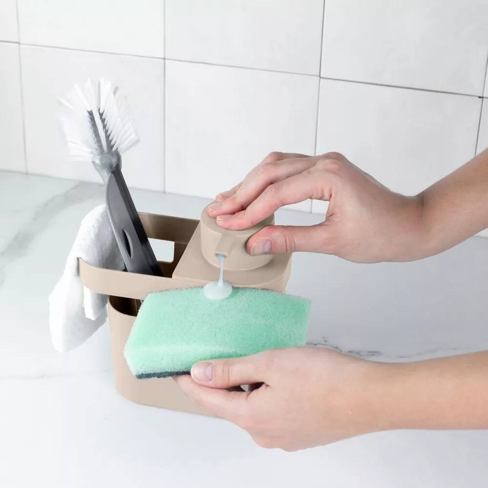 Alt View 2. OU - OU 22oz Soap Dispenser, Kitchen Soap Pump, Sponge & Dish Brush Holder, Gel & Dish Soaps Compatible - Beige - Beige.
