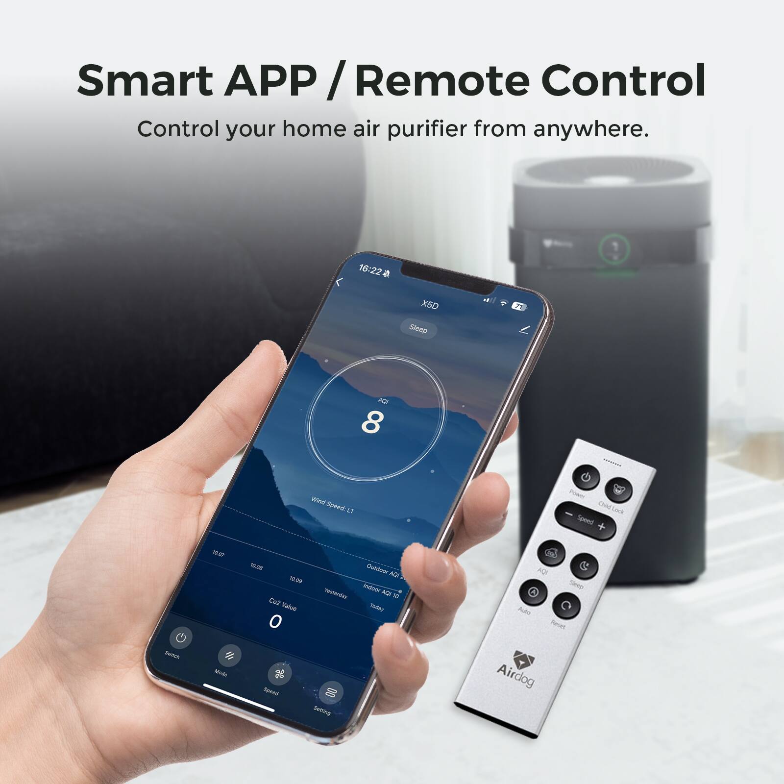 Smart APP / Remote Control  
Control your home air purifier from anywhere.