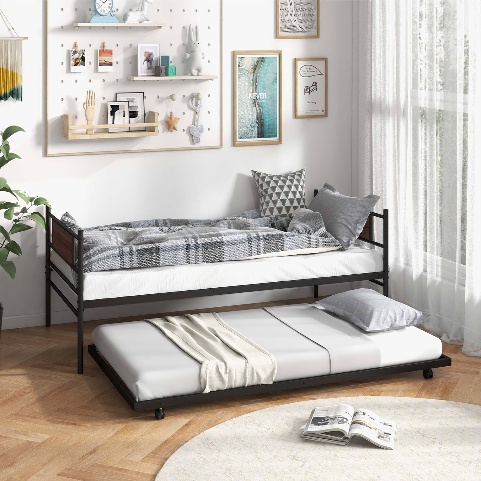 Left. Costway - Costway Twin Metal Daybed Frame with Trundle Bed Set Platform Sofa Bed Black - Black,Brown.